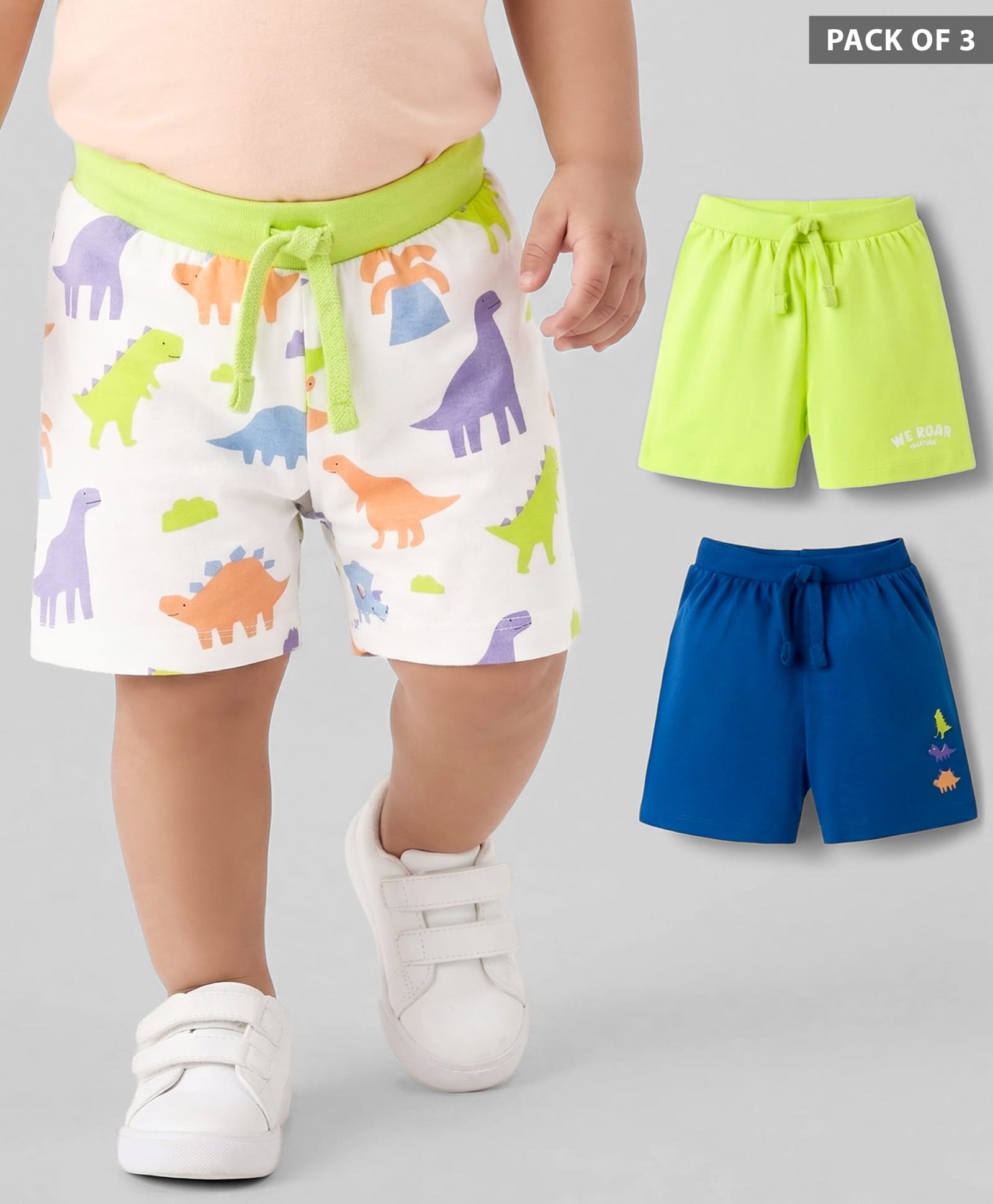 Babyhug Single Jersey Knit Mid Thigh Shorts With Dino Print Pack of 3 - Multicolor-image-0