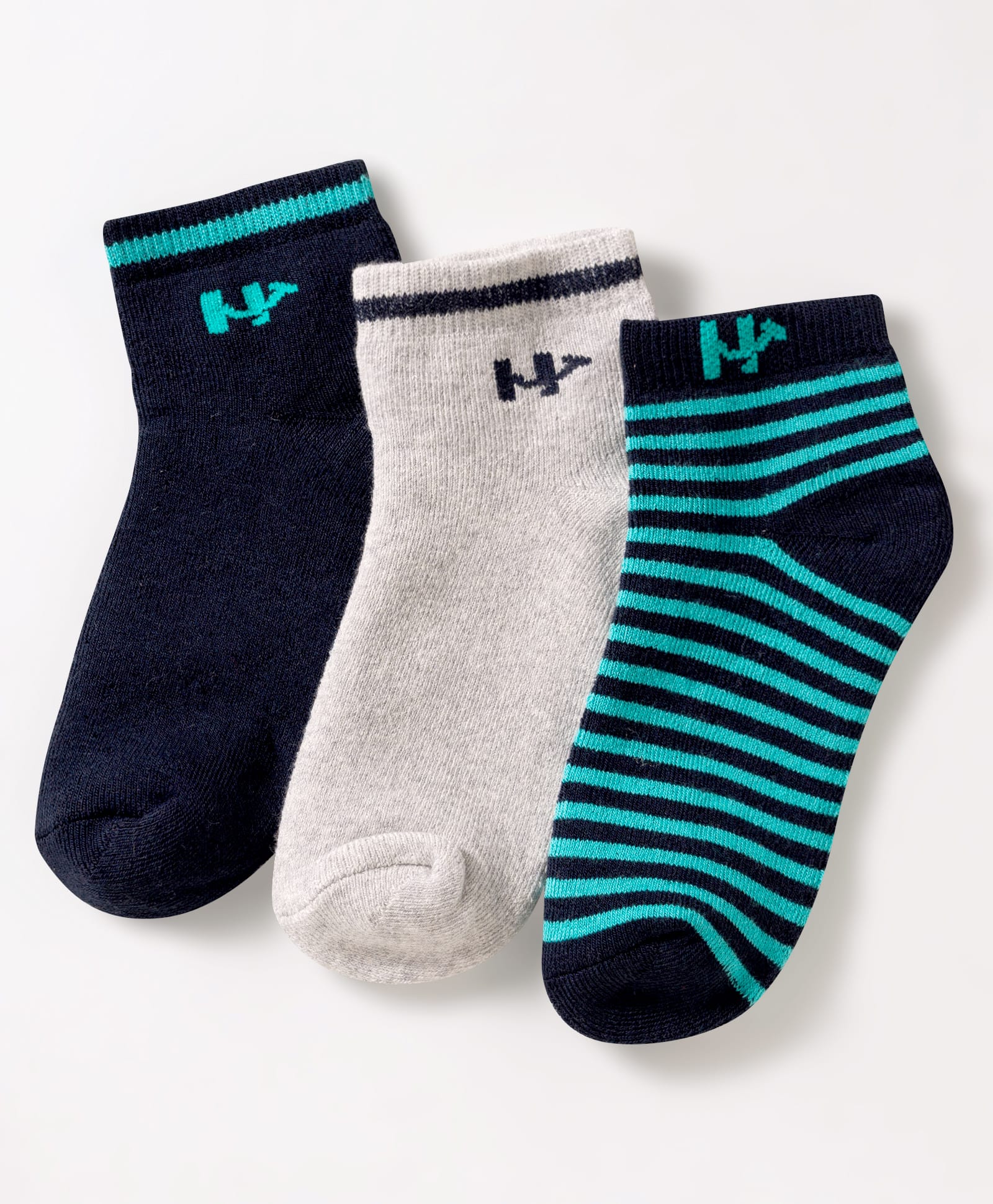 Honeyhap Premium Cotton Blend Knit Cotton Bamboo Spandex Socks with Bio Finish & Stripes Pack of 3 - Oceana Lt. Grey Melange & Cabbage