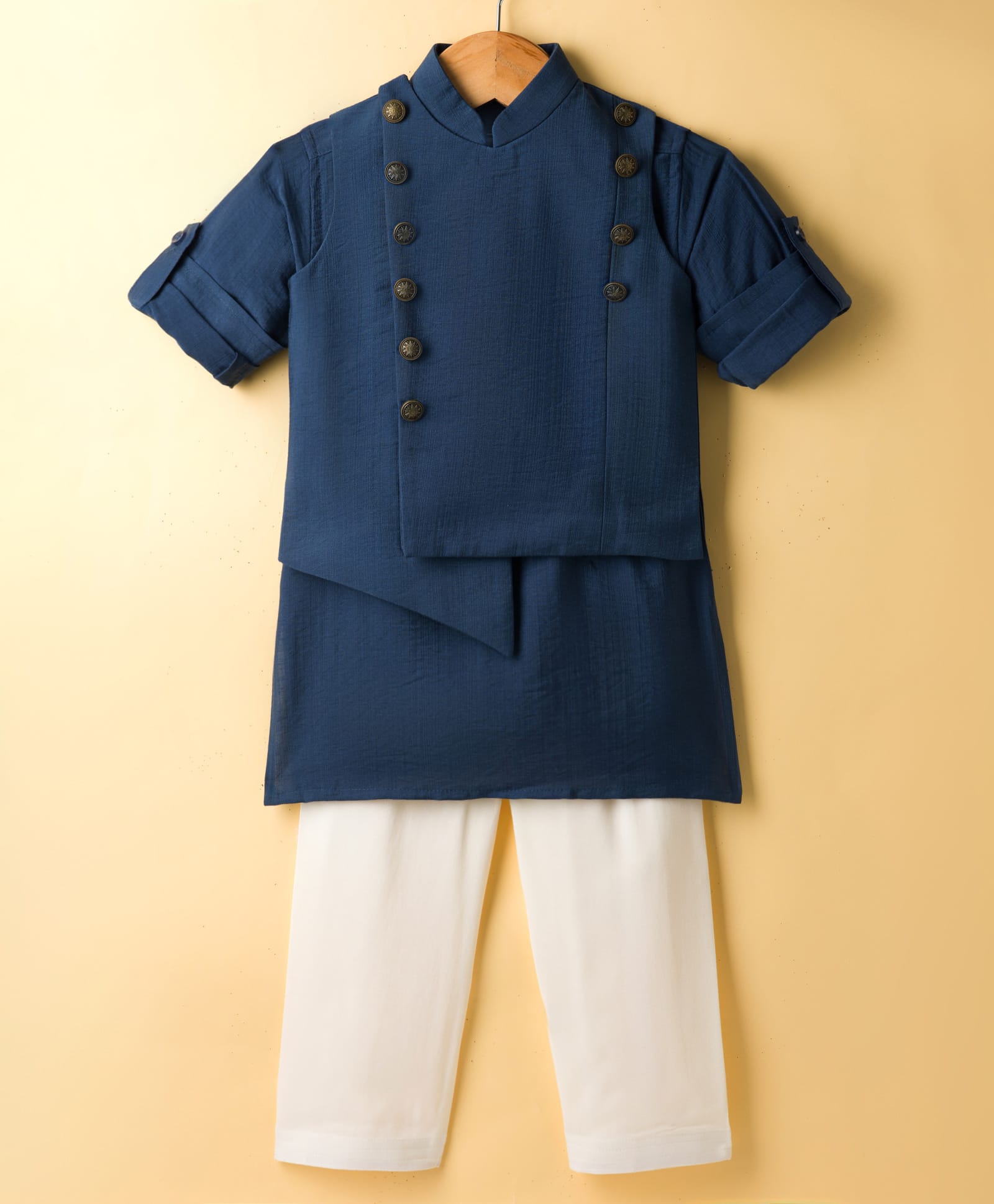 Little Bull Full Sleeves Solid Kurta Pyjama Set With Button Detailed Asymmetrical Jacket - Grey-image-34