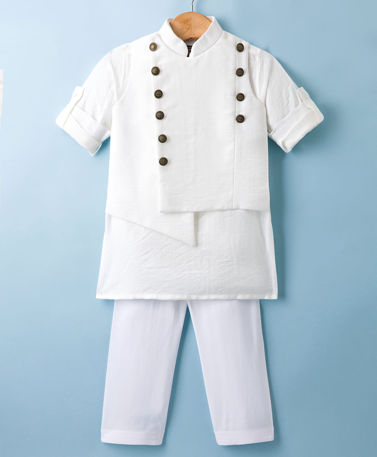 Little Bull Full Sleeves Solid Kurta Pyjama Set With Button Detailed Asymmetrical Jacket - White-picture-14