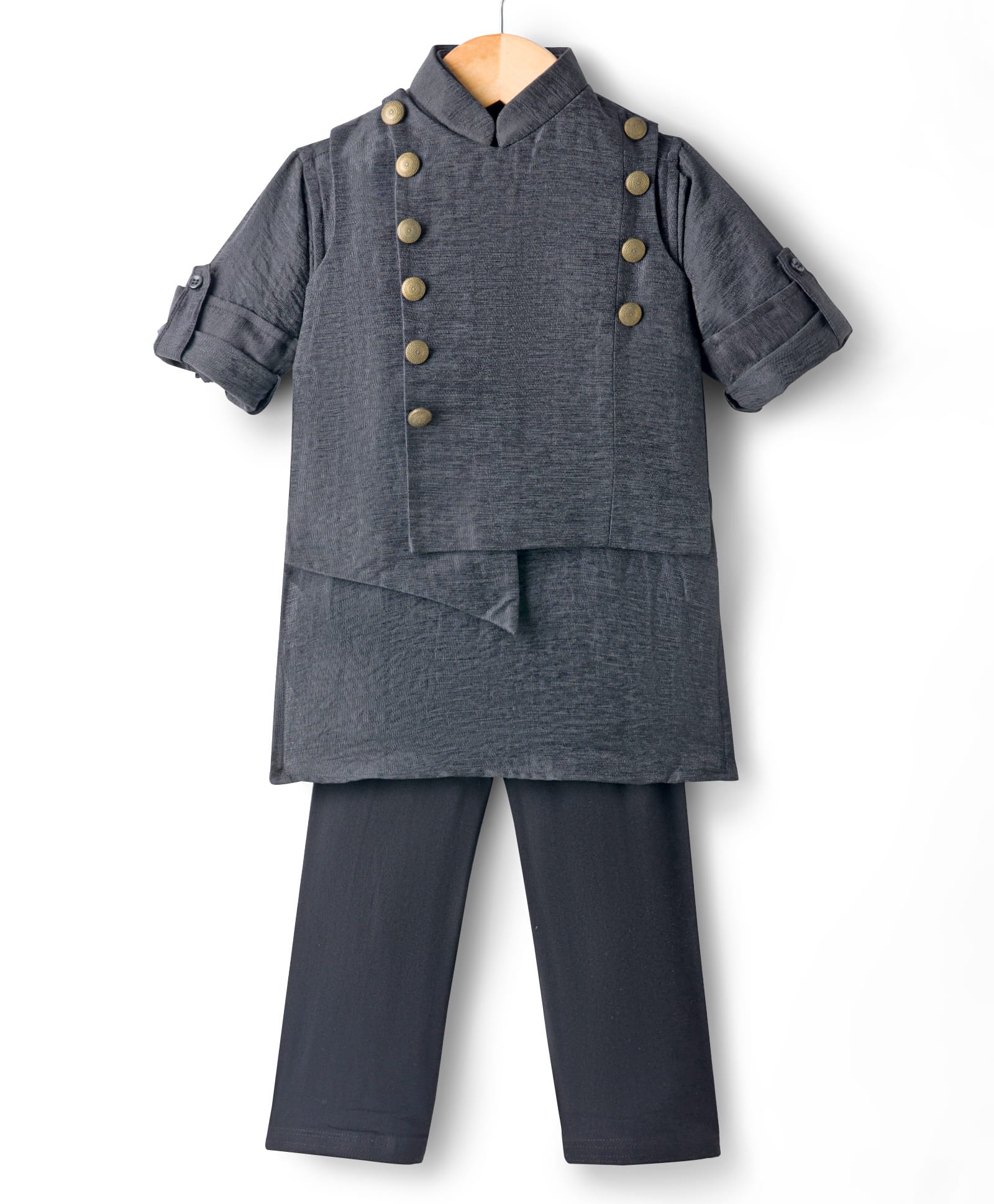 Little Bull Full Sleeves Solid Kurta Pyjama Set With Button Detailed Asymmetrical Jacket - Carbon-picture-12