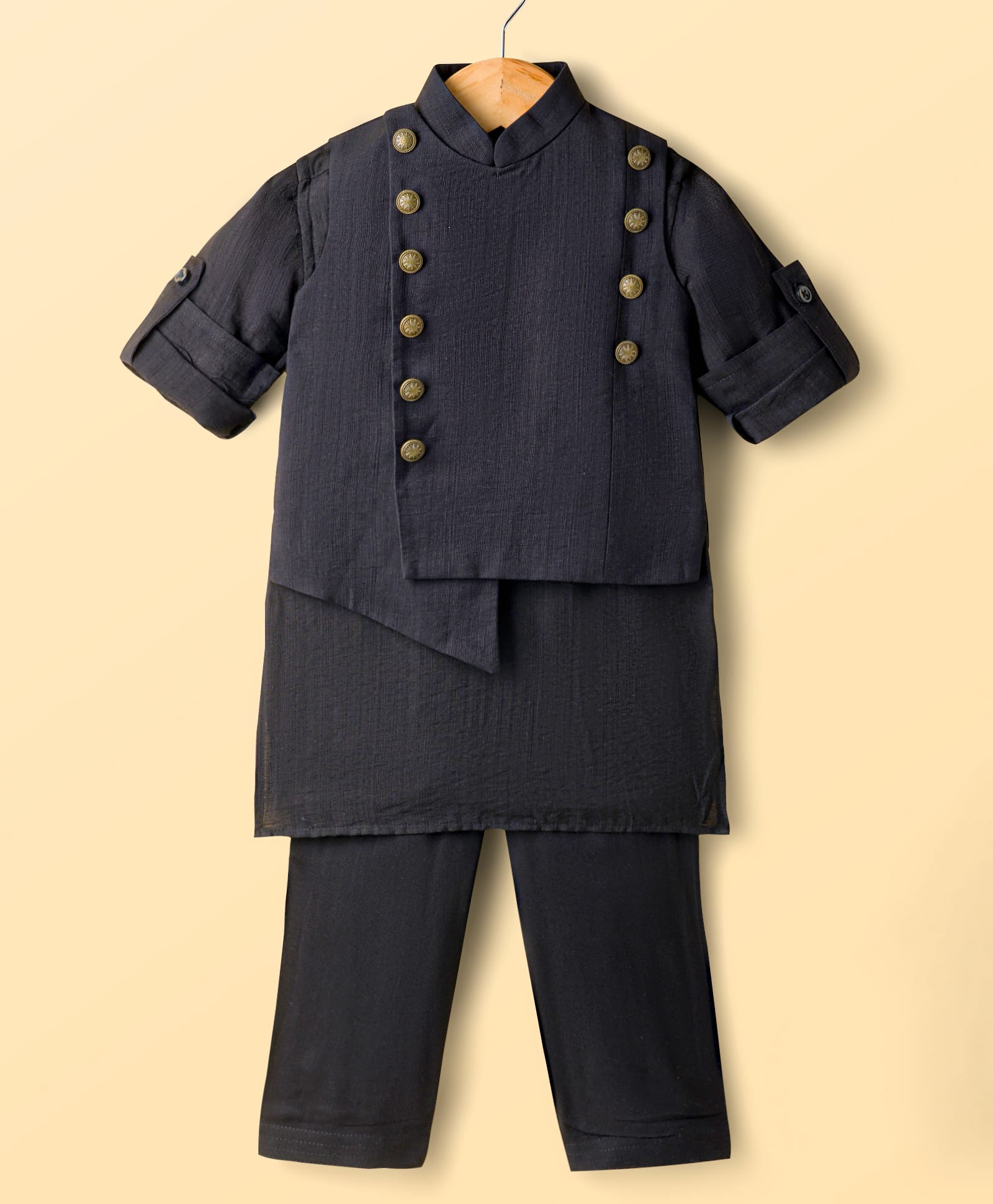 Little Bull Full Sleeves Solid Kurta Pyjama Set With Button Detailed Asymmetrical Jacket - Black-picture-28