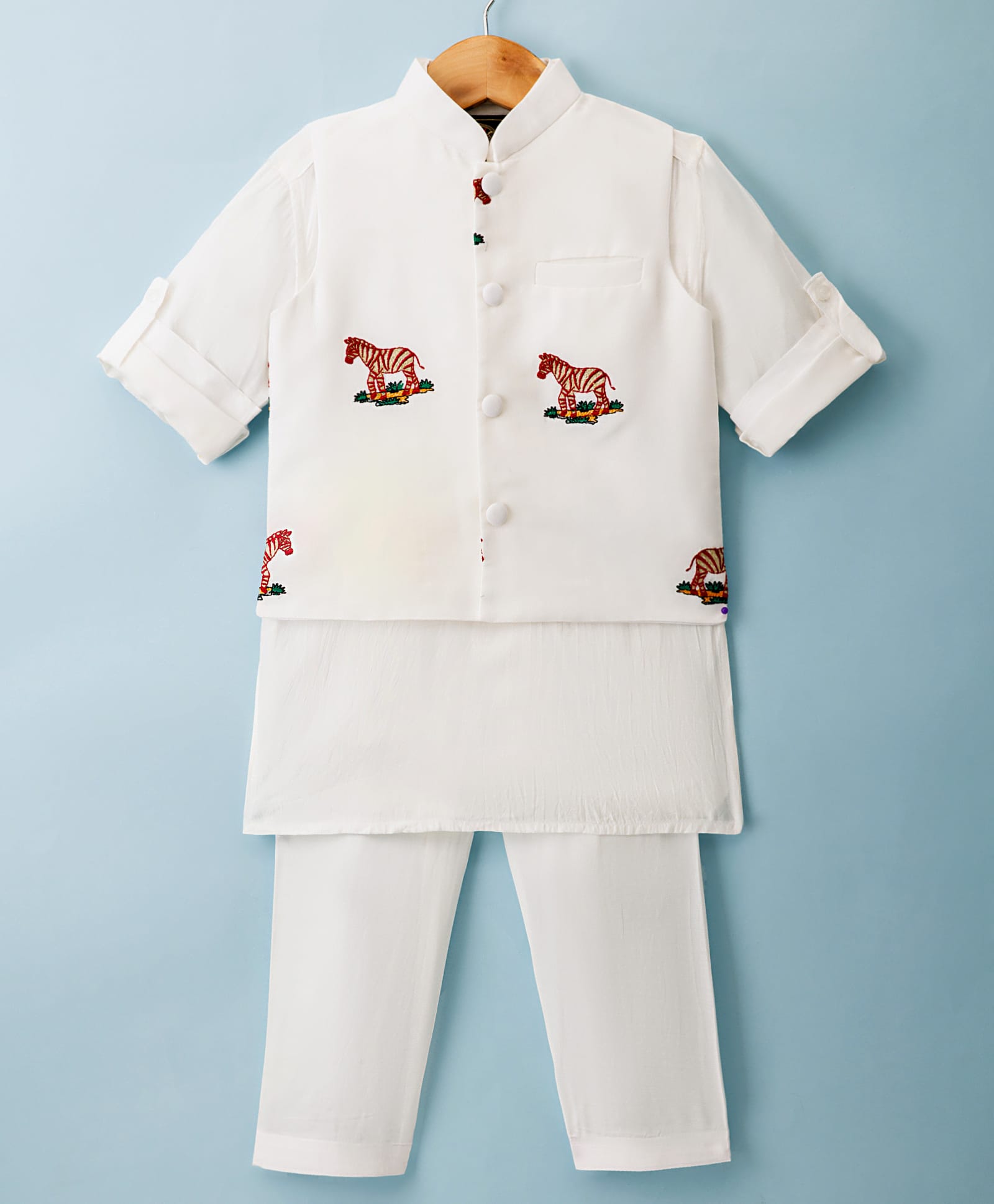 Little Bull Full Sleeves Solid Kurta Pyjama Set With Zebra Embroidered Jacket - White & Maroon-picture-13