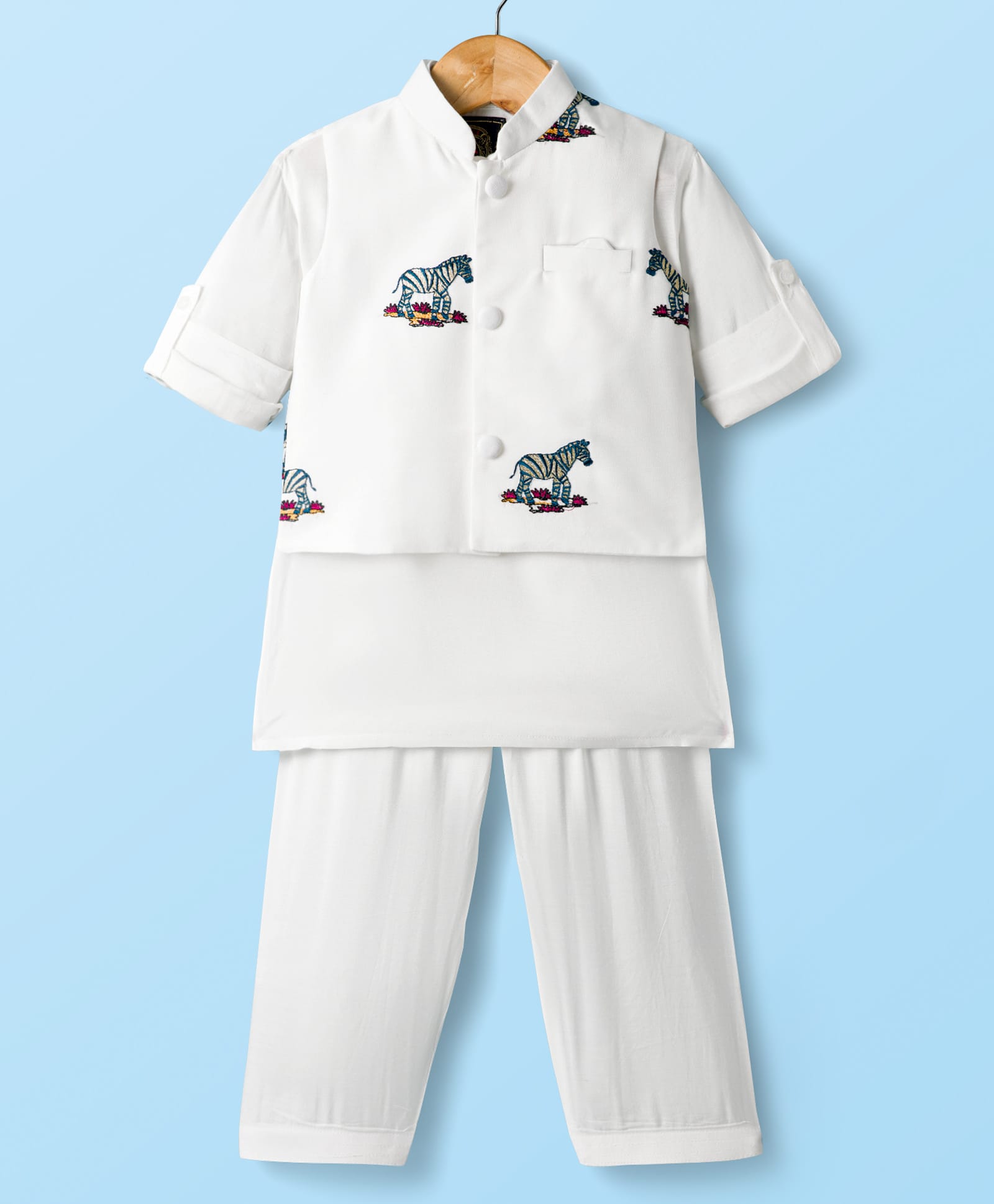 Little Bull Full Sleeves Solid Kurta Pyjama Set With Zebra Embroidered Jacket - White & Green-picture-11
