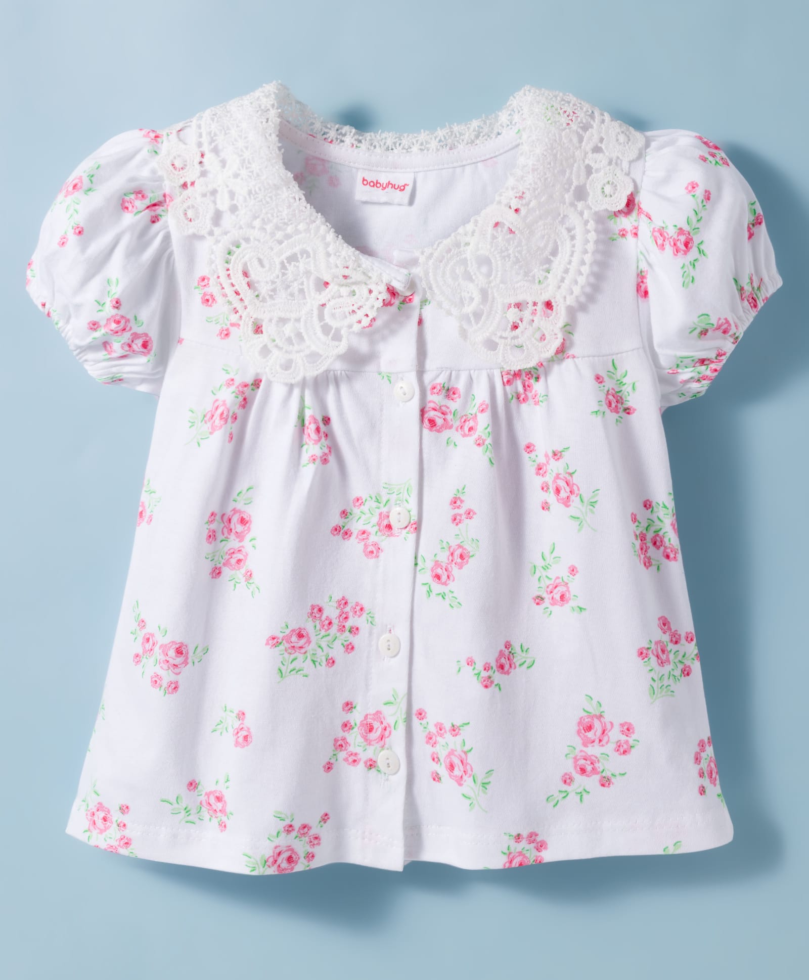 Babyhug Cotton Knit Half Sleeves Top with Floral Print & Schiffli Detailing - White