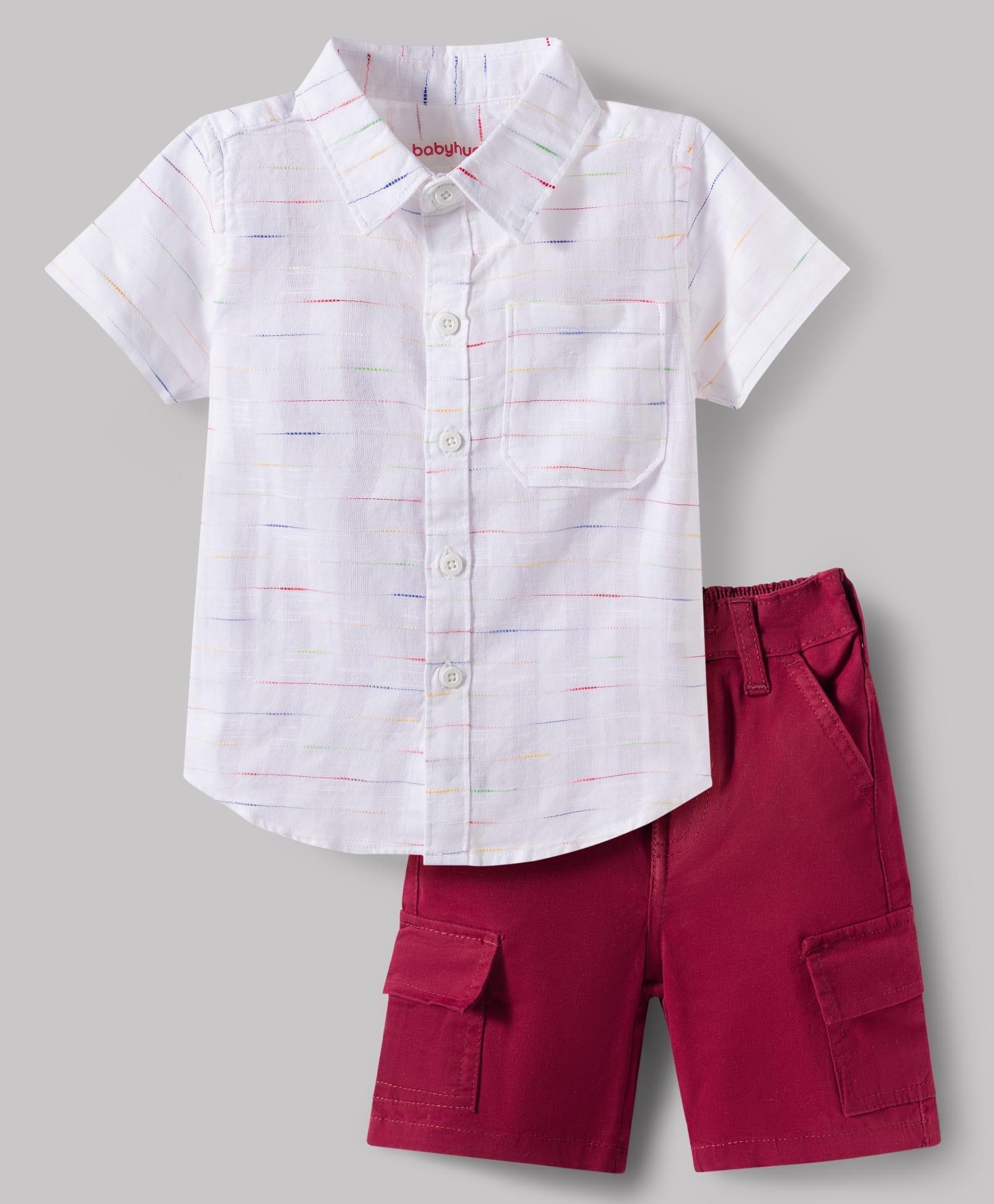 Babyhug Cotton Knit Half Sleeves Striped Shirt & Shorts Set - White & Maroon-image-47
