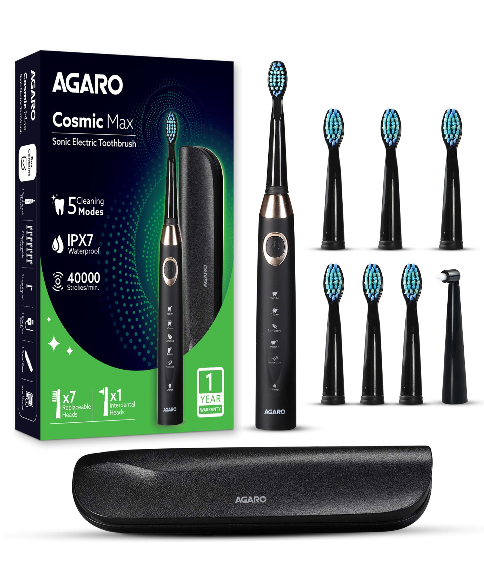 Agaro cosmic max sonic electric toothbrush for adults with 5 modes, 7 brush heads, interdental head and usb rechargeable with 25 days backup - black