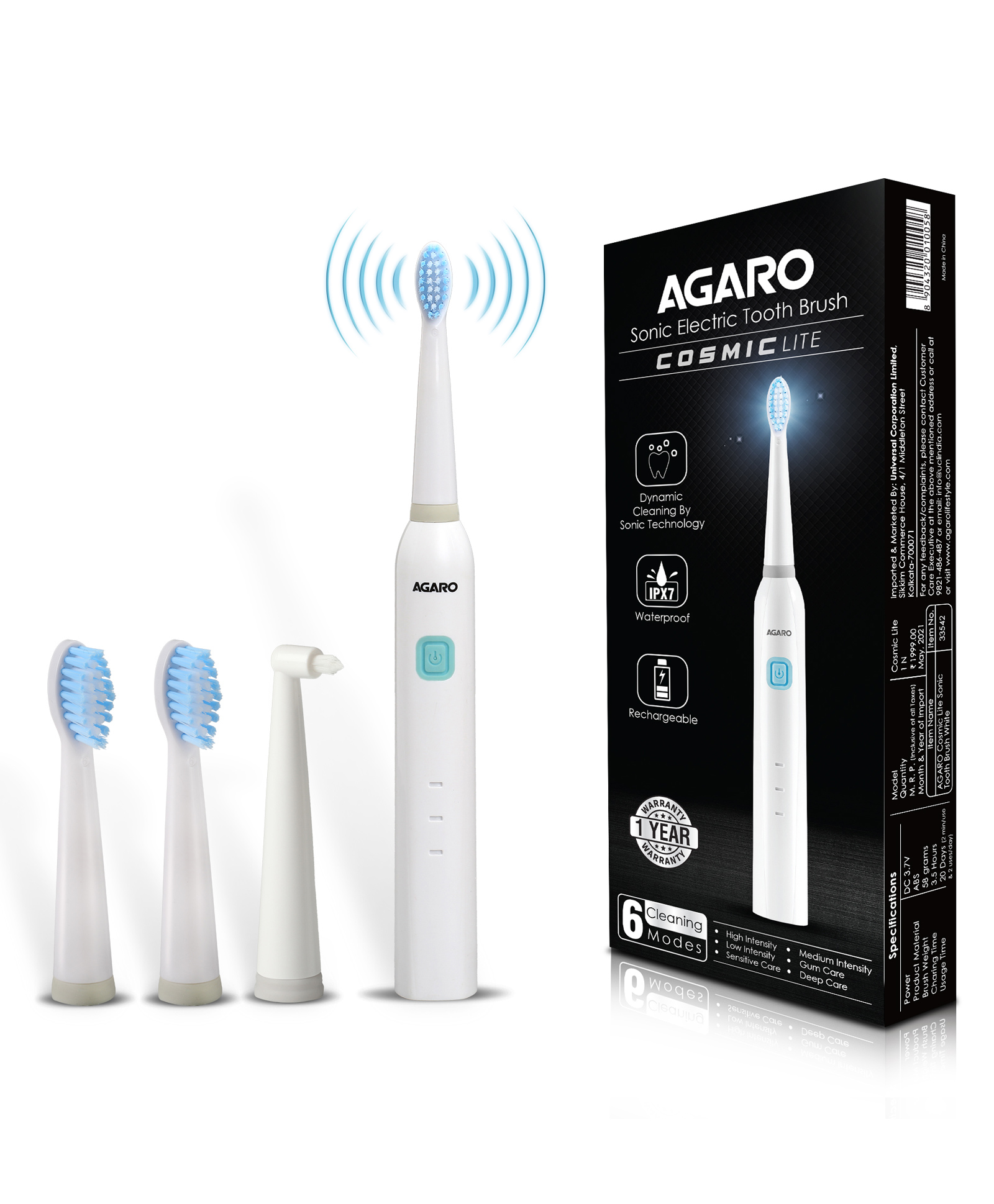 AGARO Cosmic Lite Sonic Electric Toothbrush for Adults with 6 Modes, 3 Brush Heads, Interdental Head and USB Rechargeable with 25 Days Backup - White-image-7