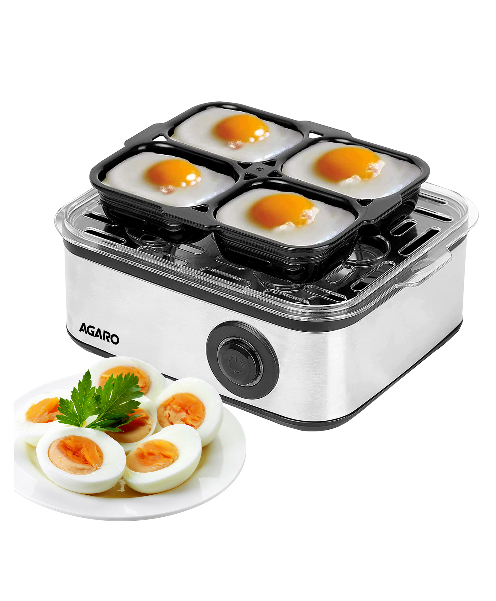 AGARO Grand 2-in-1 Egg Boiler and Poacher with Stainless Steel Body, Boils 8 Eggs, Poaches 4 Eggs, Steams Vegetables, 3 Boiling Modes, 500 W - Silver-image-8