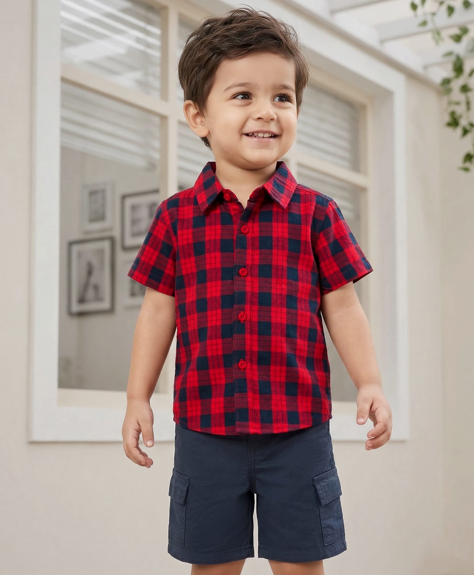 Babyhug Cotton Woven Half Sleeves Checkered Shirt & Shorts Set - Red & Navy Blue-image-47