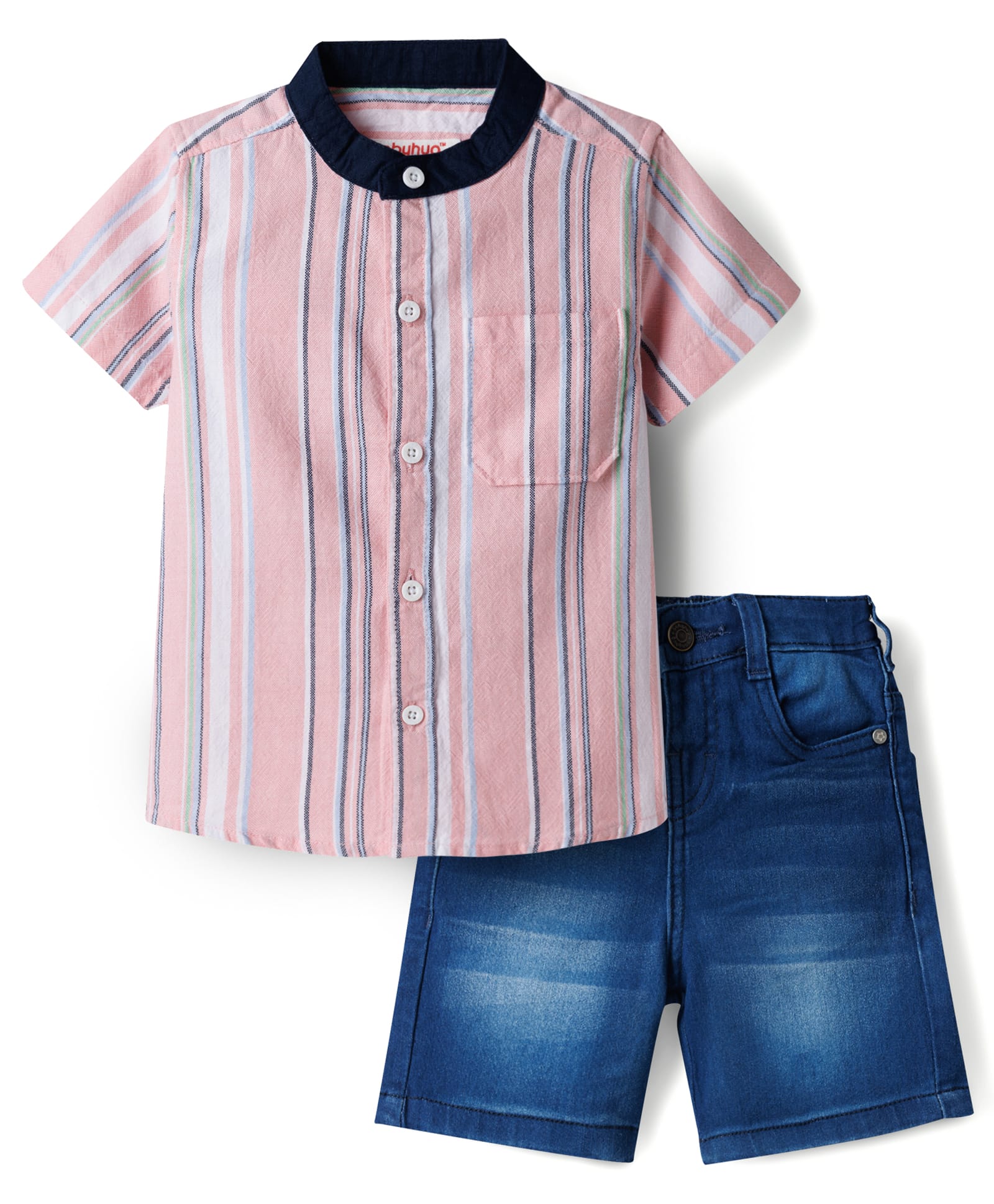 Babyhug Denim Woven Half Sleeves Striped Shirt & Shorts Set - Multicolor