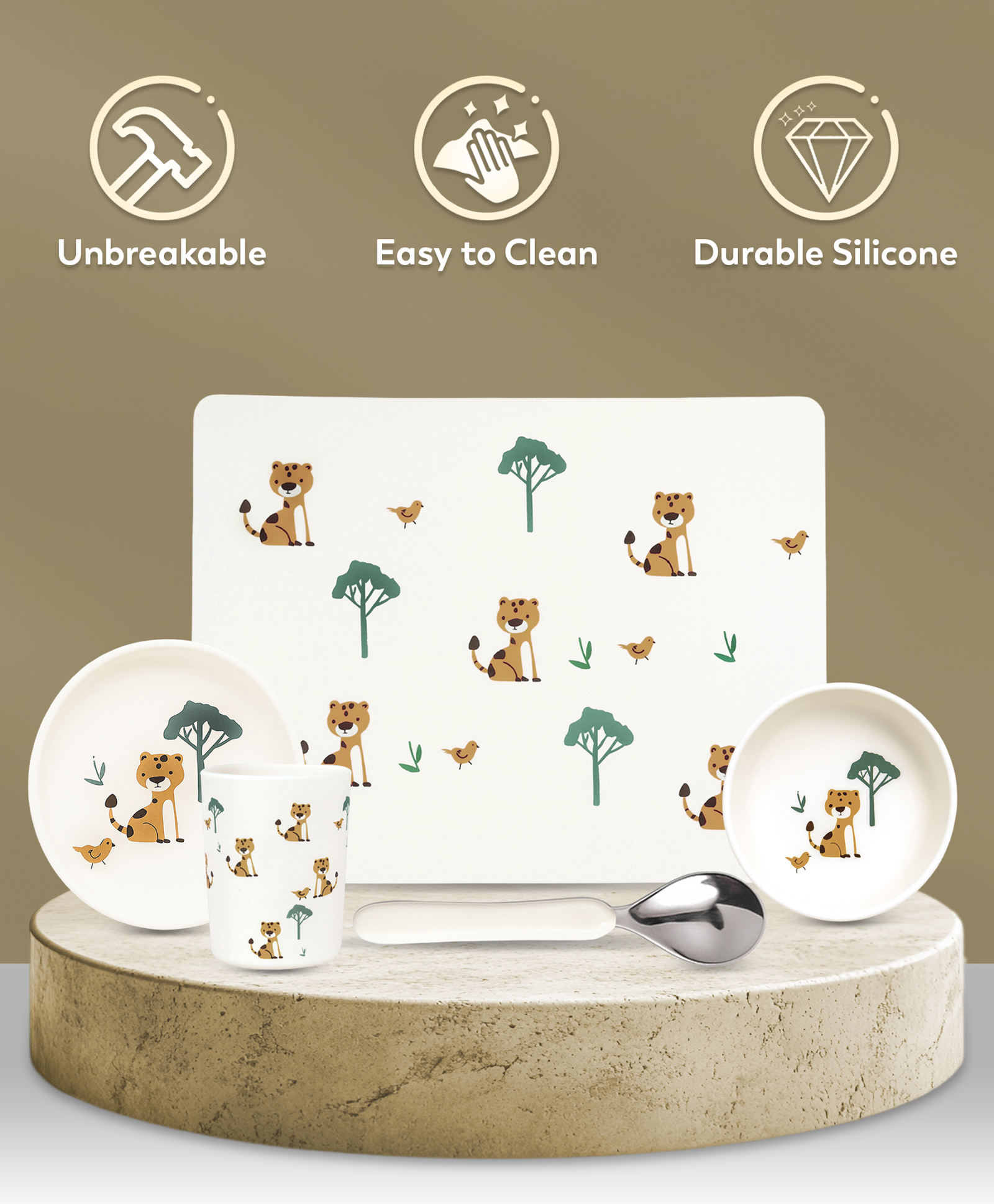 Mi Arcus Kids Jungle Animal Print Silicone Dinner Set with Plate, Bowl, Glass, Spoon & Mat- Cream-picture-11