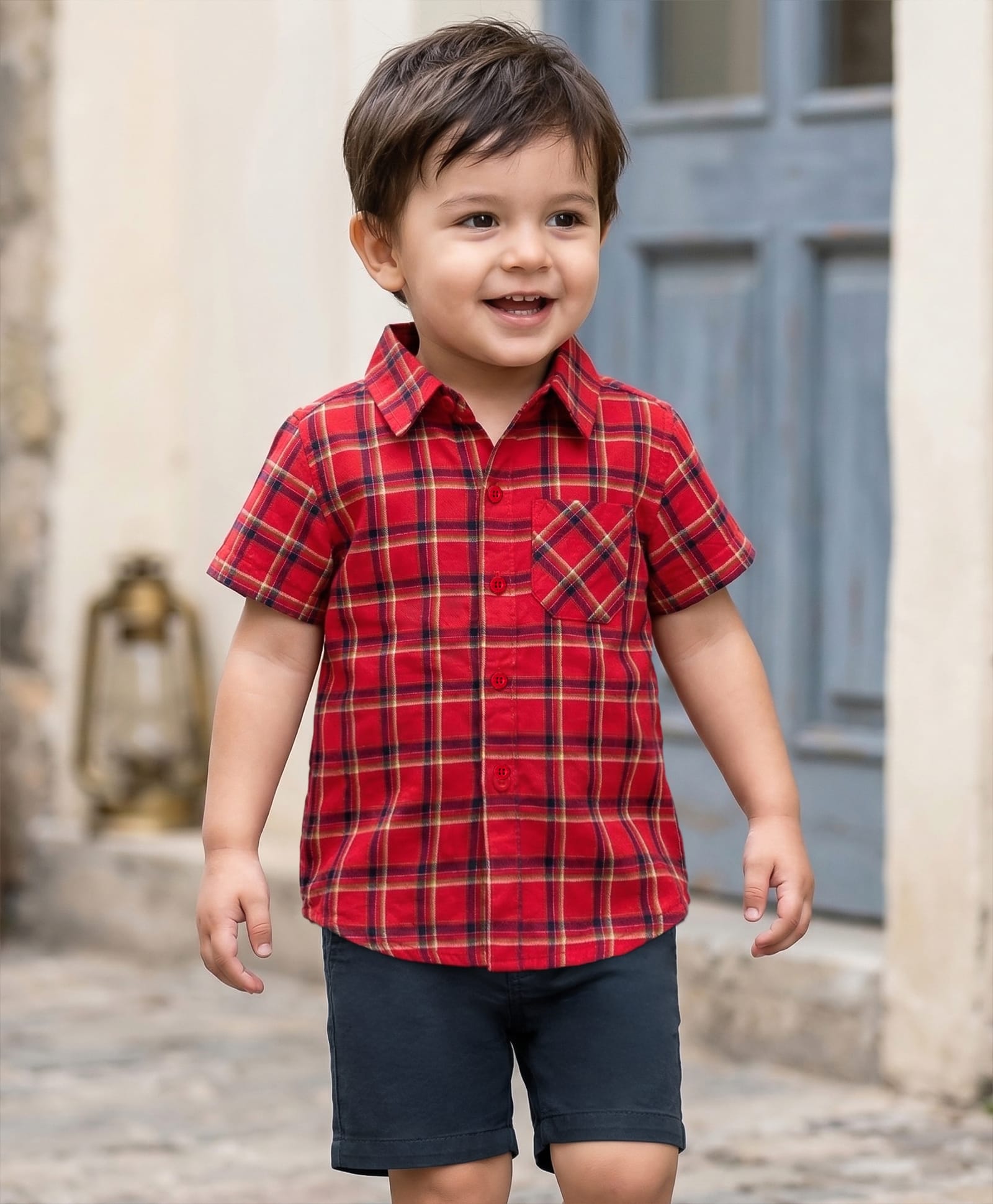 Babyhug Cotton Woven Half Sleeves Checkered Shirt & Shorts Set - Red & Navy Blue-image-49