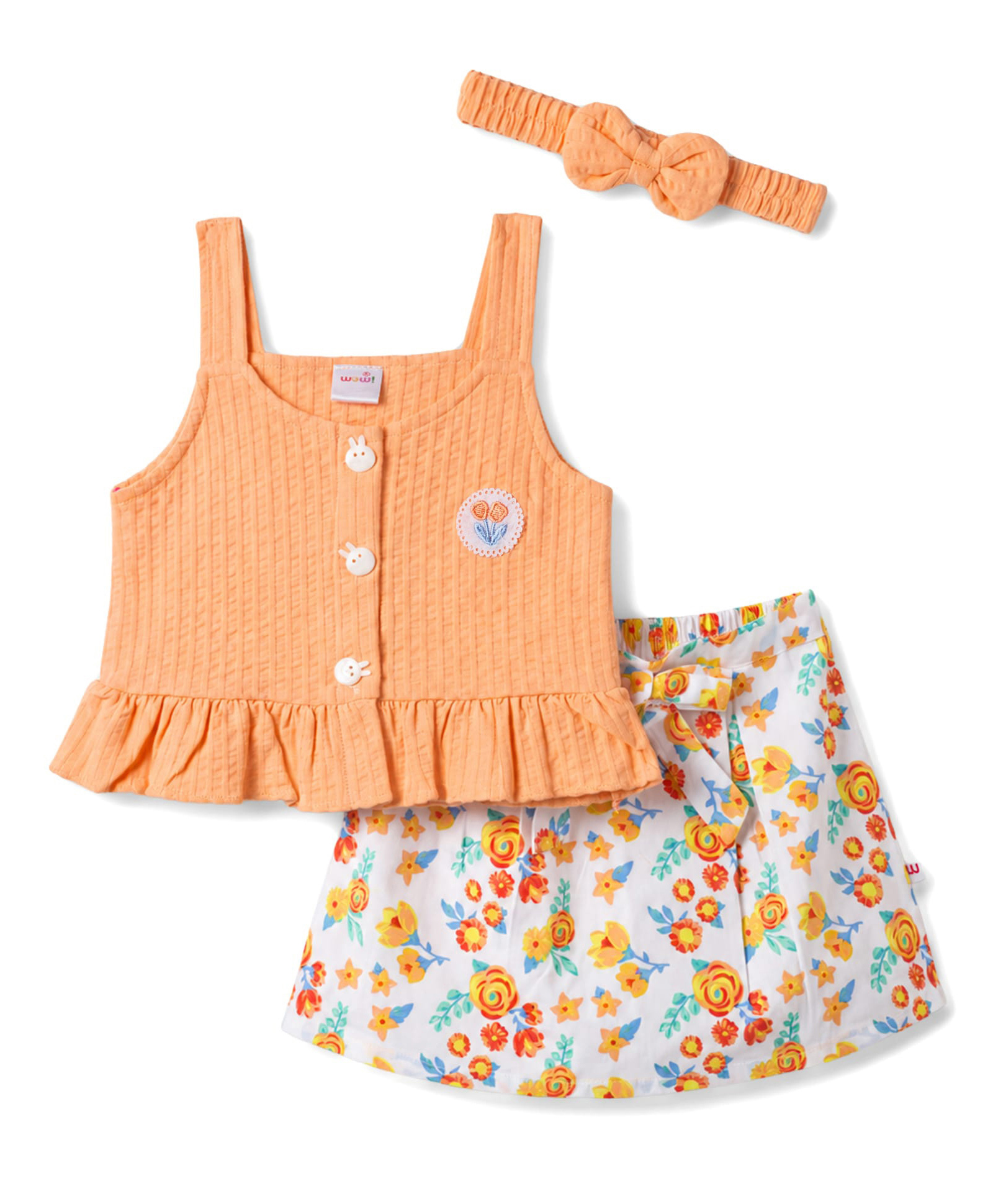 WOW Clothes Knitted Sleeveless Top & Floral Printed Shorts Set With Headband - Peach-image-28