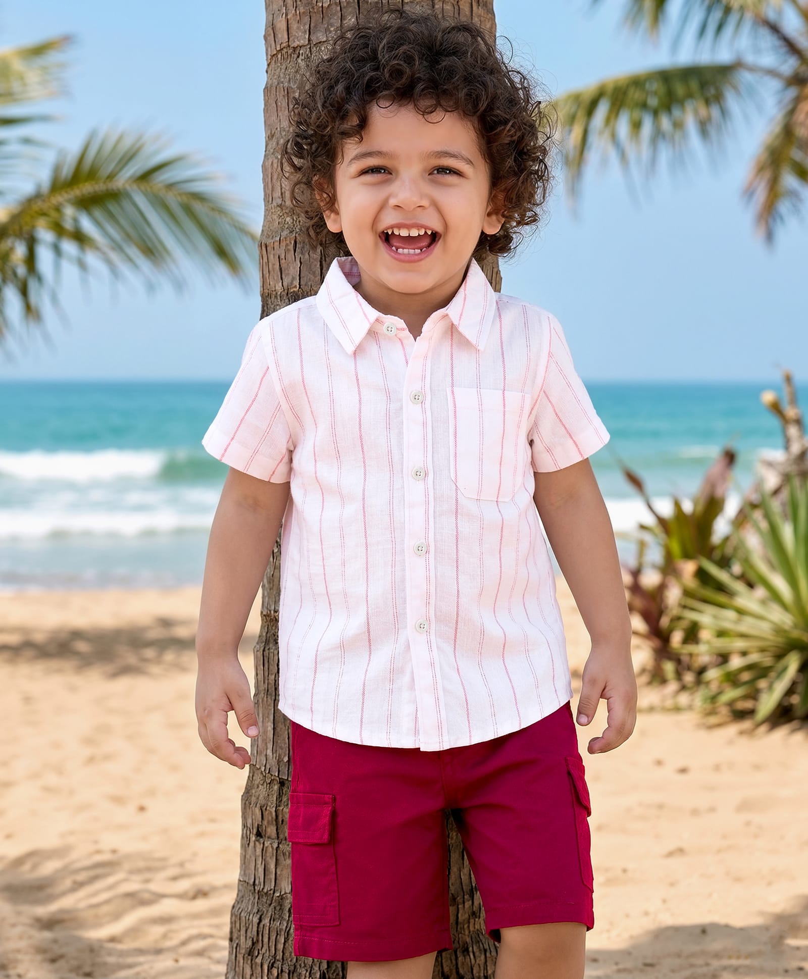 Babyhug Cotton Woven Half Sleeves Striped Shirt & Shorts Set - White & Maroon-image-5