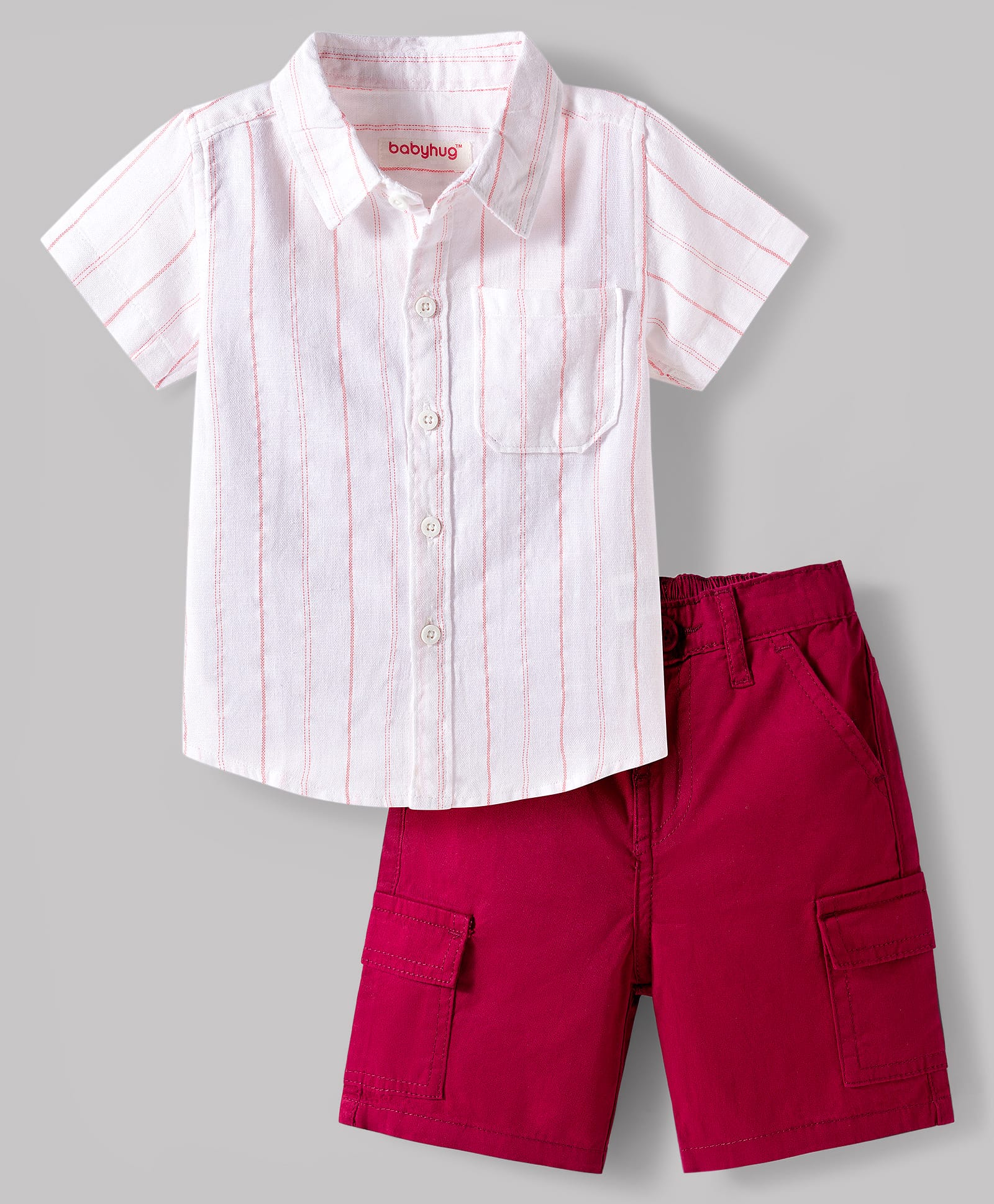 Babyhug Cotton Woven Half Sleeves Striped Shirt & Shorts Set - White & Maroon