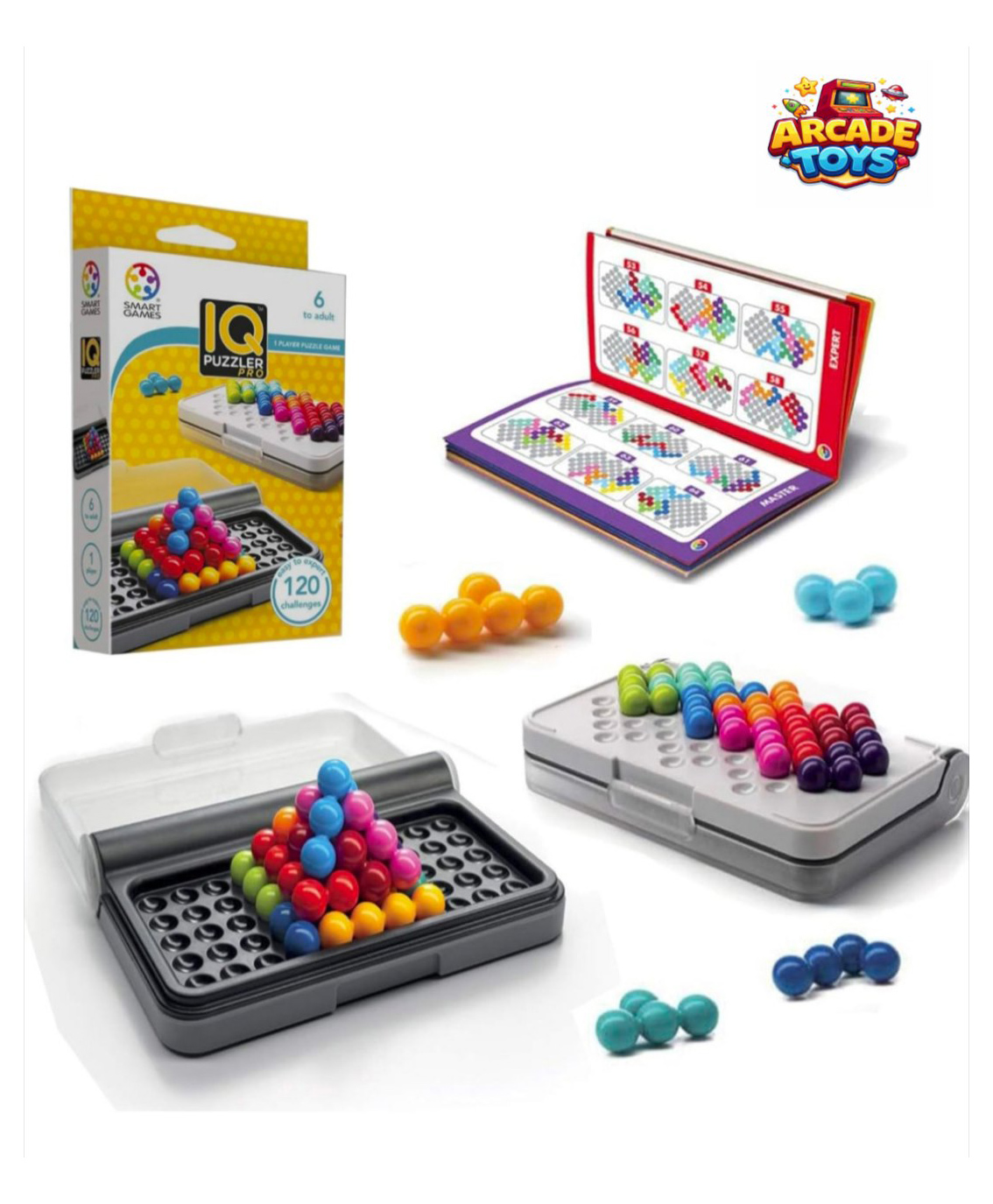 ARCADE TOYS IQ Puzzler Pro, Travel Game for Kids and Adults, Cognitive Skill-Building Brain Game - Brain Teaser for Up, 120 Challenges in Travel-Friendly Case (colour may vary)-image-44