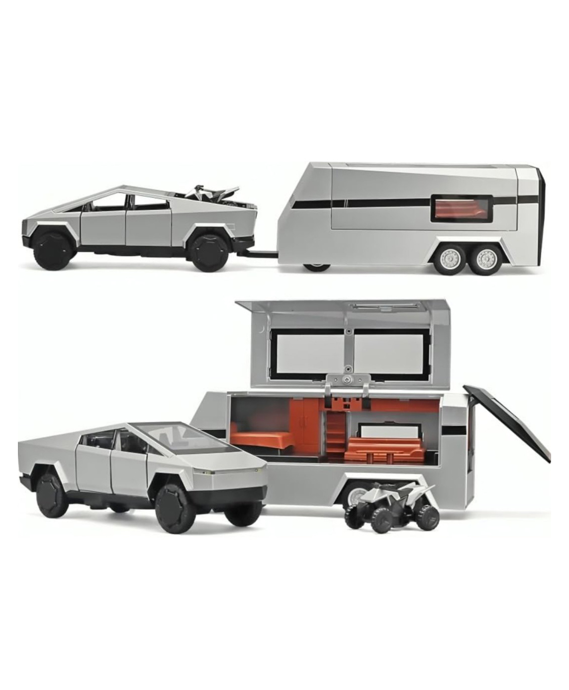 ARCADE TOYS Tesla Cyber Truck Pickup Trailer RV with Motorcycle 1:32 Model Car Alloy Metal Pull Back Die-cast Car Metal Toy car Openable Doors & Light Music Best Gifts Toys Kids ( colour may vary)-picture-13