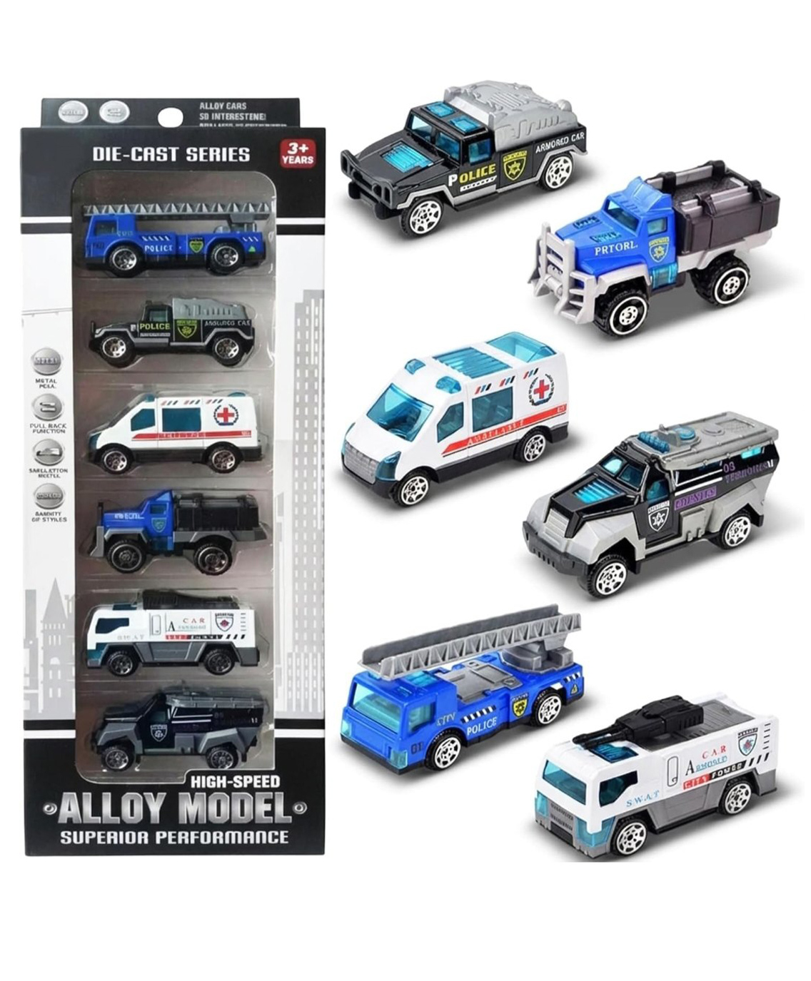 ARCADE TOYS Die-Cast Police Vehicle Toy Set 6-Pack Police, Ambulance & Fire Rescue Trucks, Pull-Back Mini Cars for Kids, Metal Body, Creative Role-Play Toys for Boys & Girls (colour may vary)-image-3
