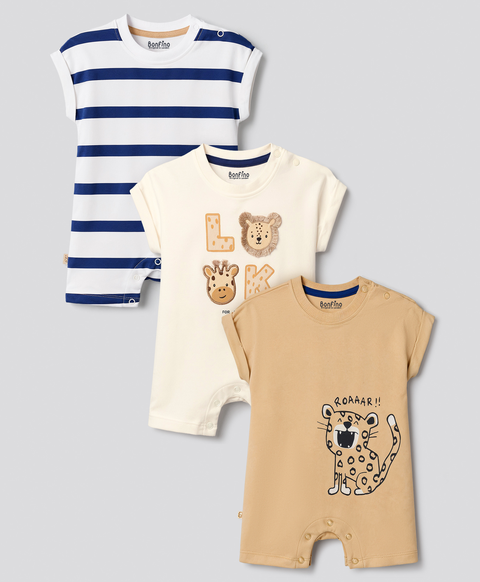 Bonfino 100% Cotton Knit Half Sleeves Striped Animal Printed & Embroidered Rompers Pack Of 3 - Beige Tan & Navy Blue-image-49