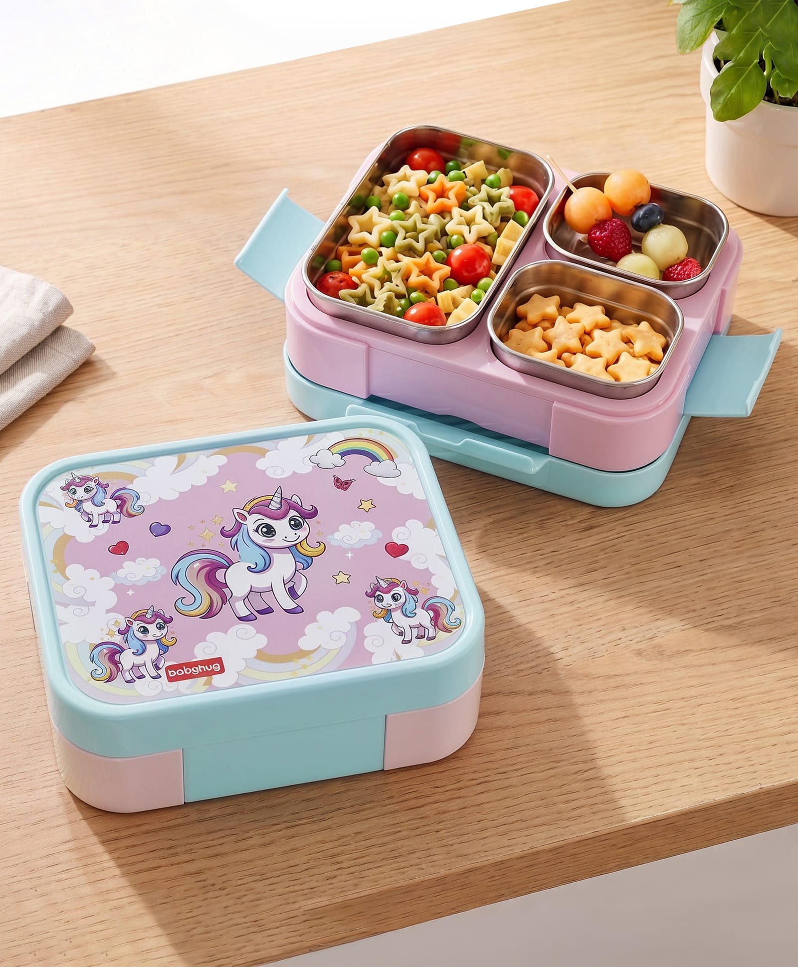 Babyhug 3 Compartment Insulated Lunch Box- Unicorn Theme Pink| 450 ml + 200 ml + 200 ml| BPA Free| Food Grade| Leak Proof| Individual Air Tight Lids| School Lunch Perfect for Travel - Pink-image-10