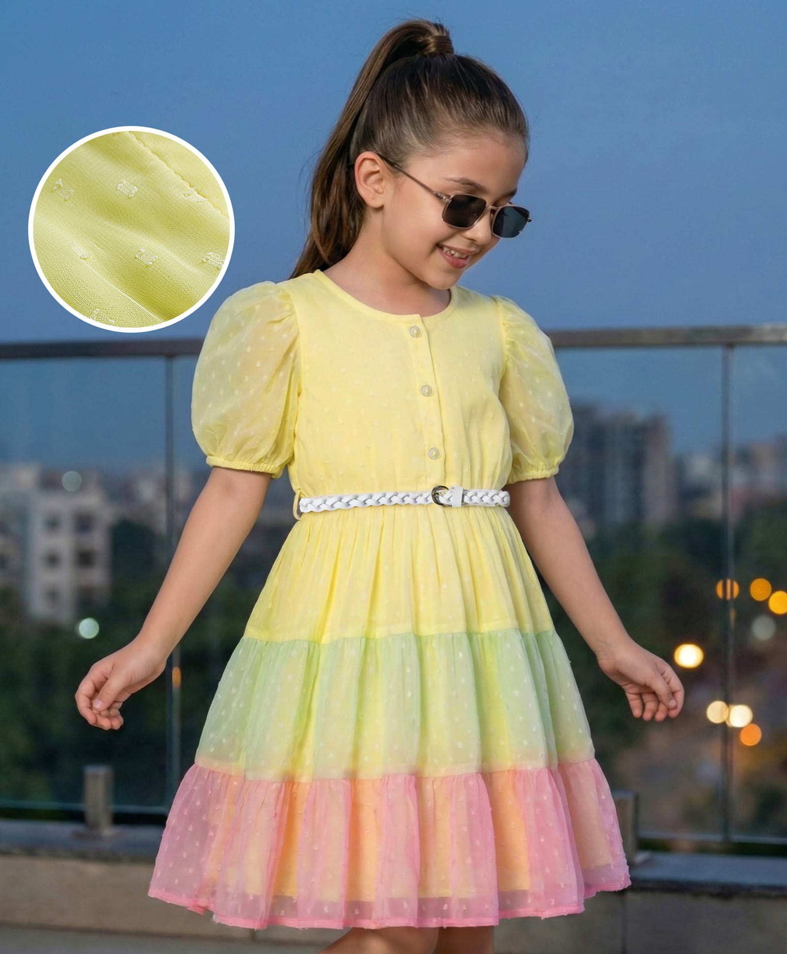 Hola Bonita Woven Half Puffed Sleeves Textured Tiered Frock with Belt - Yellow & Pink-image-41