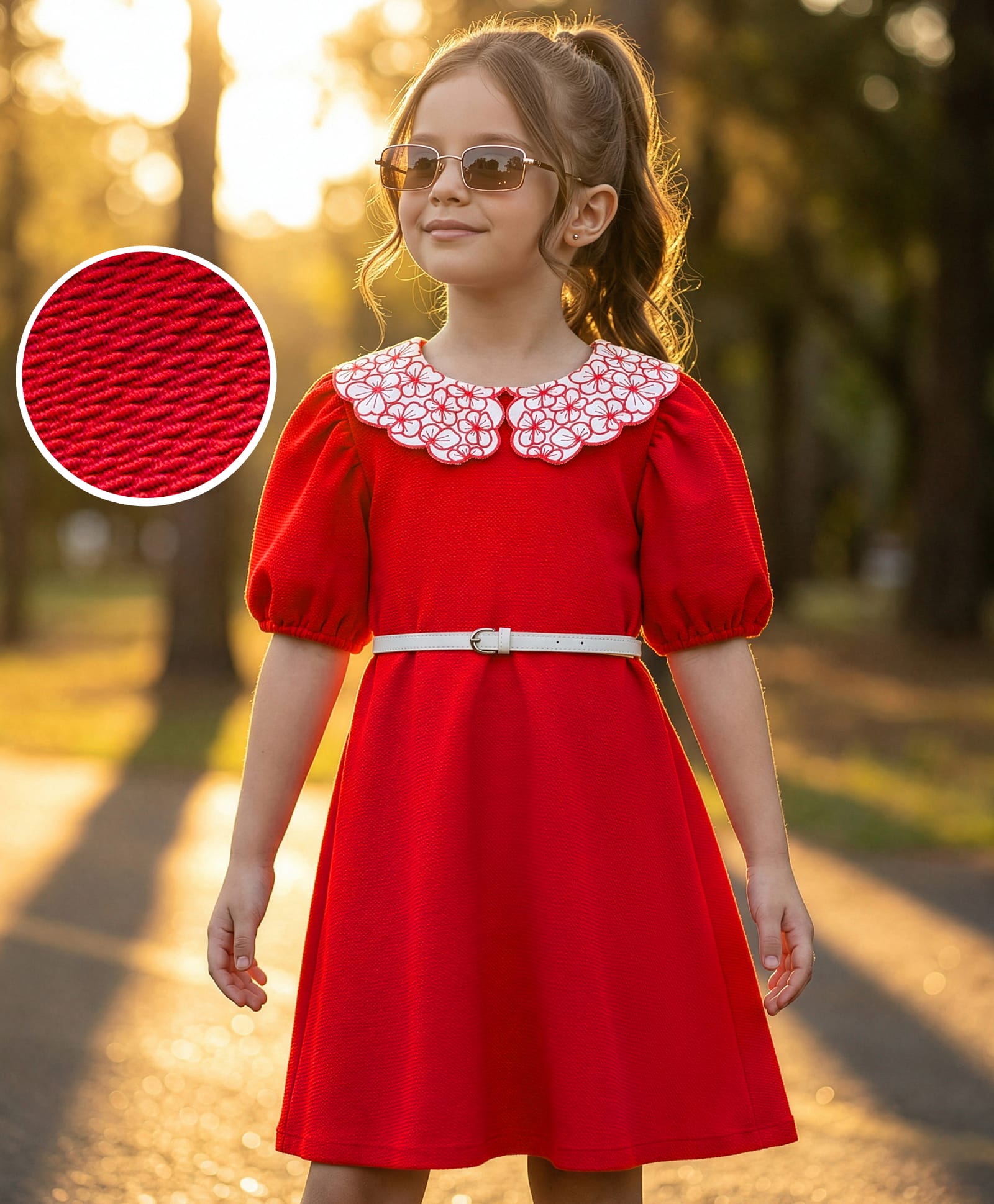 Hola Bonita Cotton Woven Half Sleeves Knee Length Solid Colour Dress with Belt - Red-image-44