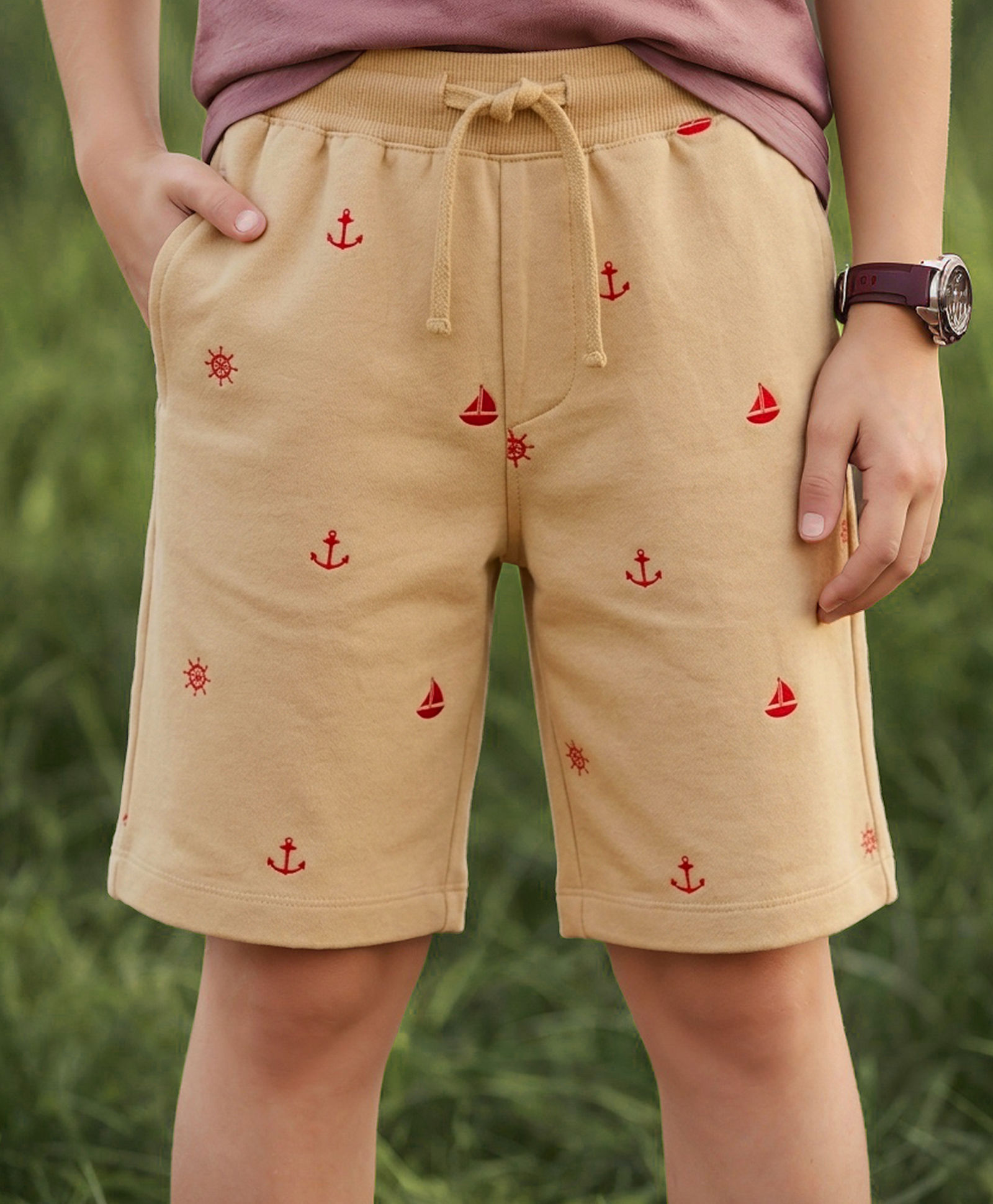 Pine Kids Looper Above Knee Length Shorts with Anchor Print - Tan-picture-24
