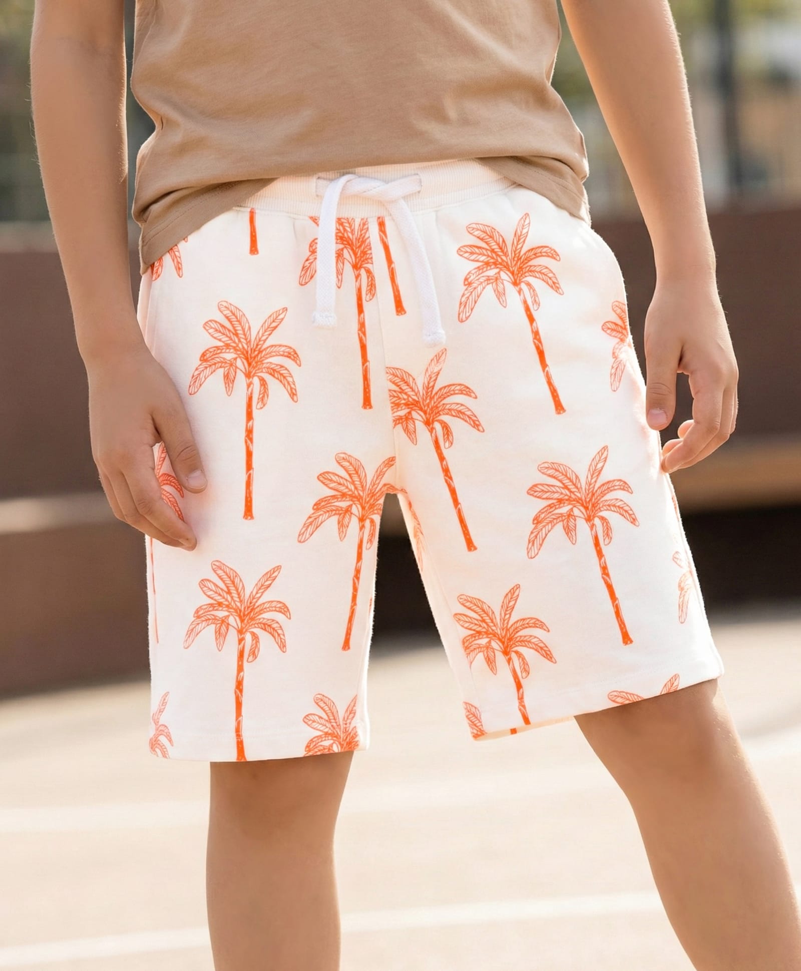 Pine Kids Looper Knit Above Knee Length Shorts with Coconut Tree Print - Off White-picture-23