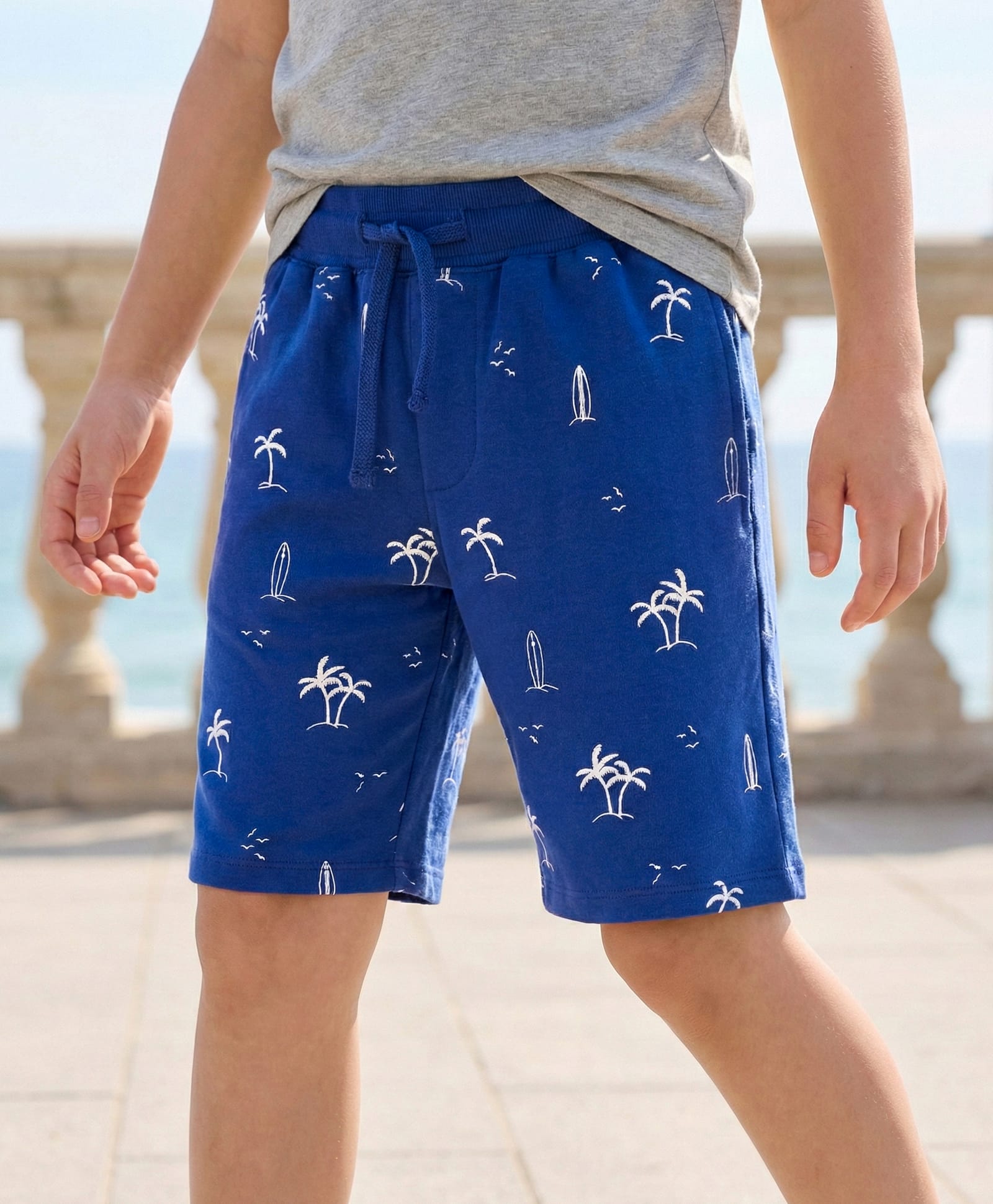 Pine Kids Looper Knit Above Knee Length Shorts with Beach Theme Print - Navy Blue-image-45