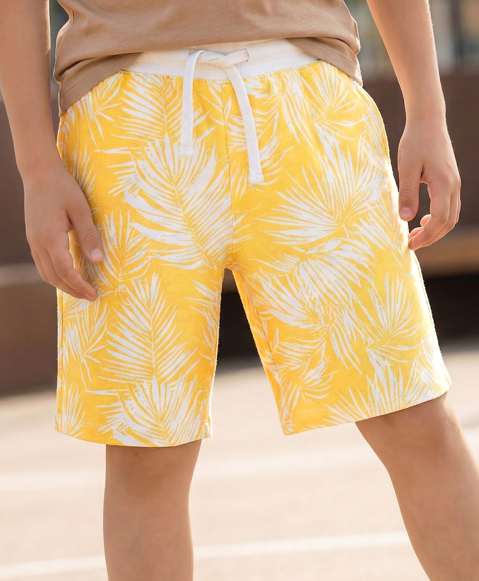 Pine Kids Looper Knit Above Knee Length Shorts with Leaf Print - Light Yellow-picture-12