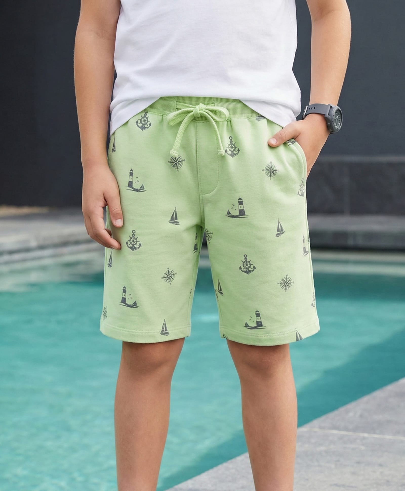 Pine Kids Looper Knit Above Knee Length Shorts with Nautical Theme Print - Light Green-picture-15