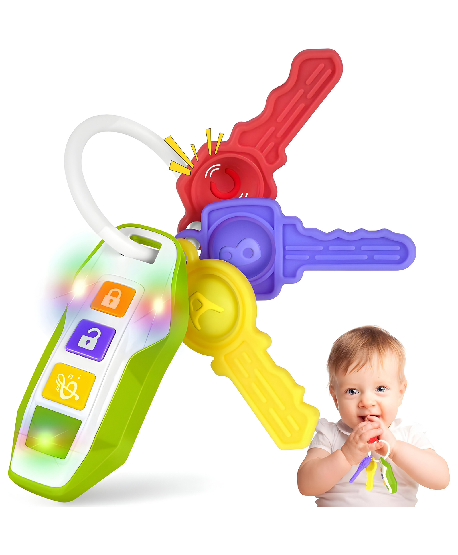 NEGOCIO Car Keys Teething Toys for Baby Key Teether Infant Chew Toy ,sensory Learning & Fine Motor Skills Baby Toys with Music & Lights, Toddlers Educational Toys -Pack of 1 - Green-picture-26
