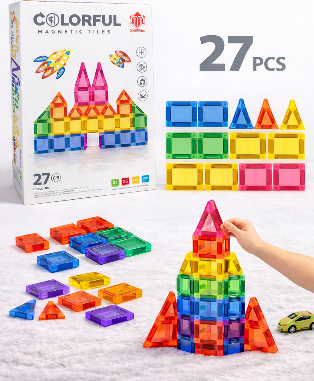 NEGOCIO Magnet Tiles Building Blocks for Kids 27 Pieces Magnetic Educational Learning STEM- PACK OF 1 - COLOR MAY VARY-image-9