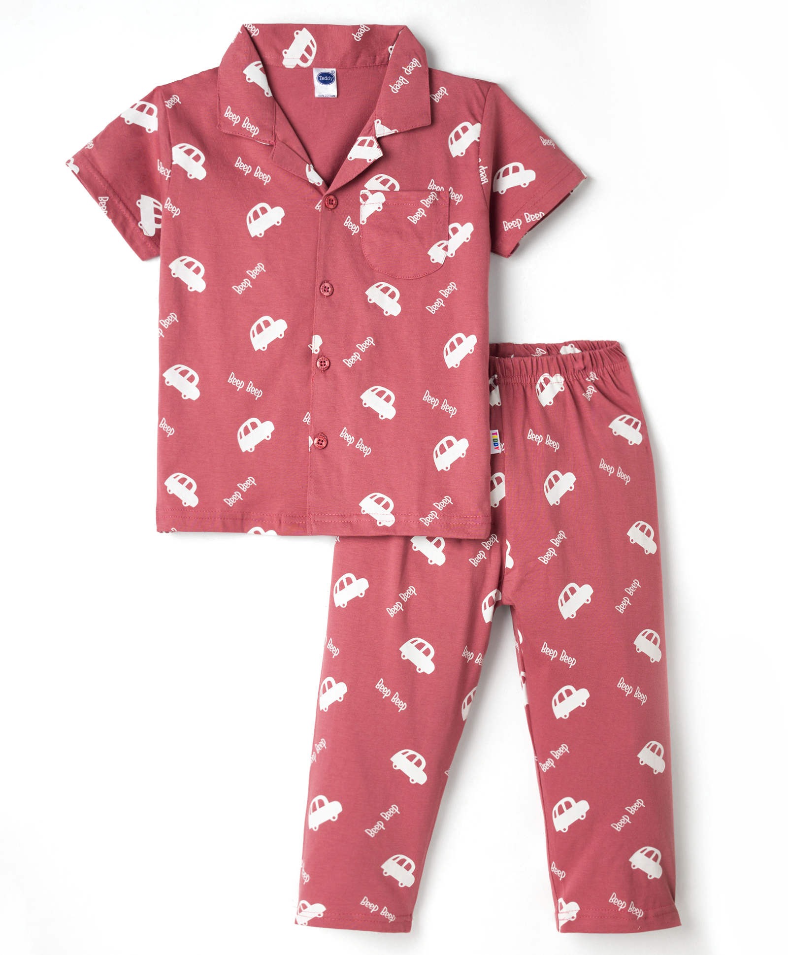 Teddy Sinker Knit Half Sleeves Shirt & Pyjama Co-ord Night Suit With Car Print - Rust Orange-picture-8