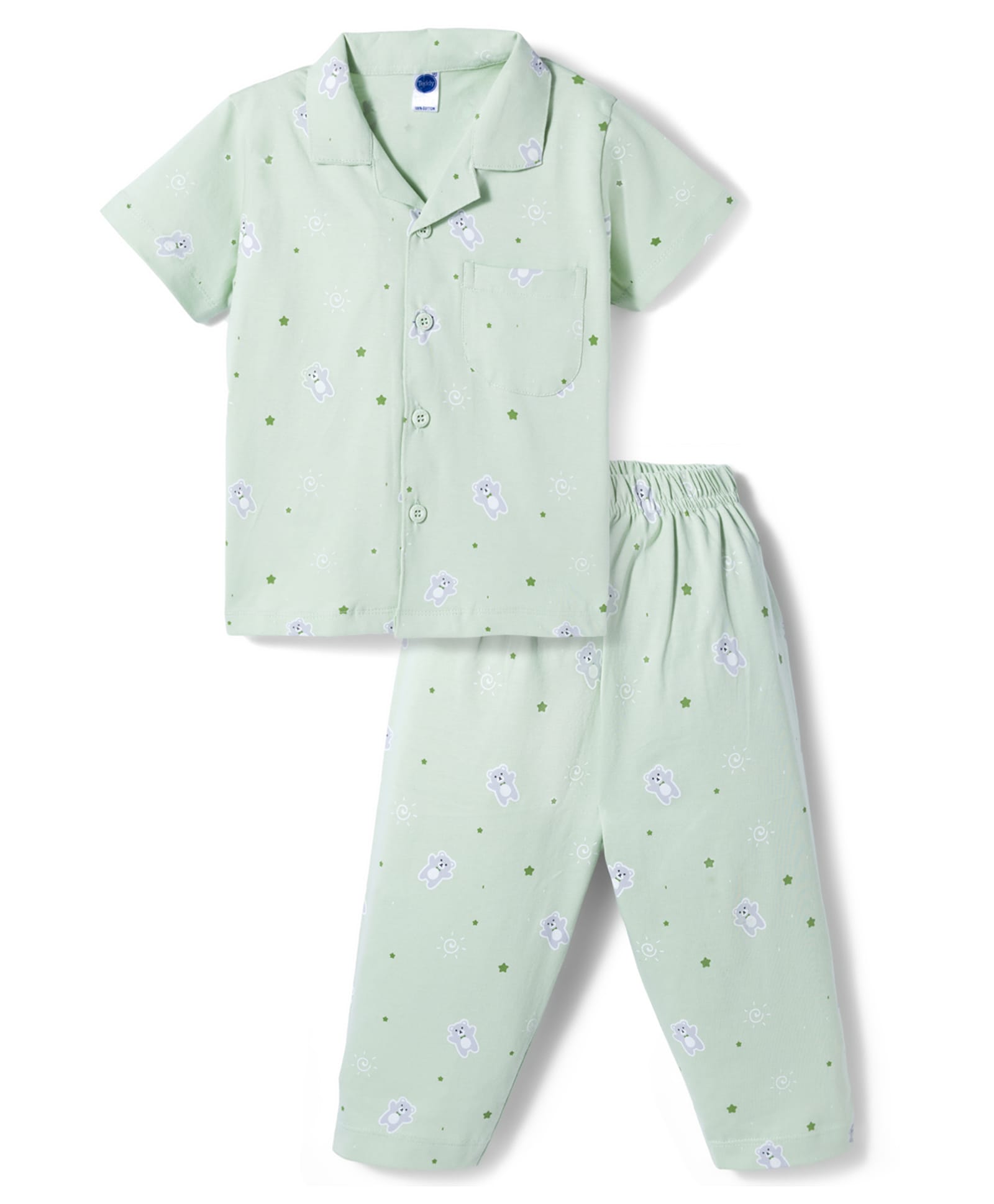 Teddy Sinker Knit Half Sleeves Shirt & Pyjama Co-ord Night Suit With Teddy Bear & Star Print - Sea Green-picture-2