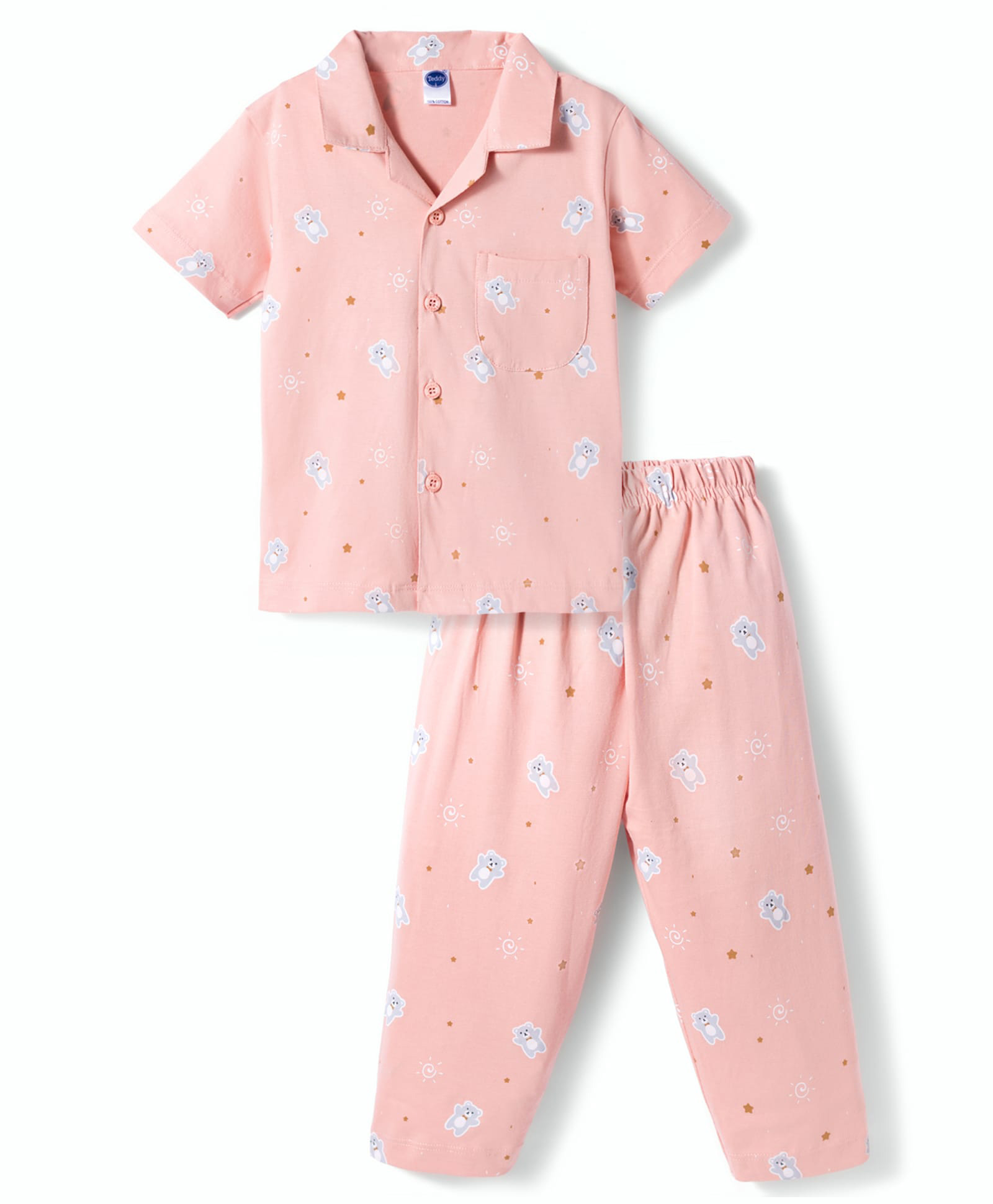Teddy Sinker Knit Half Sleeves Shirt & Pyjama Co-ord Night Suit With Teddy Bear & Star Print - Pink-picture-14