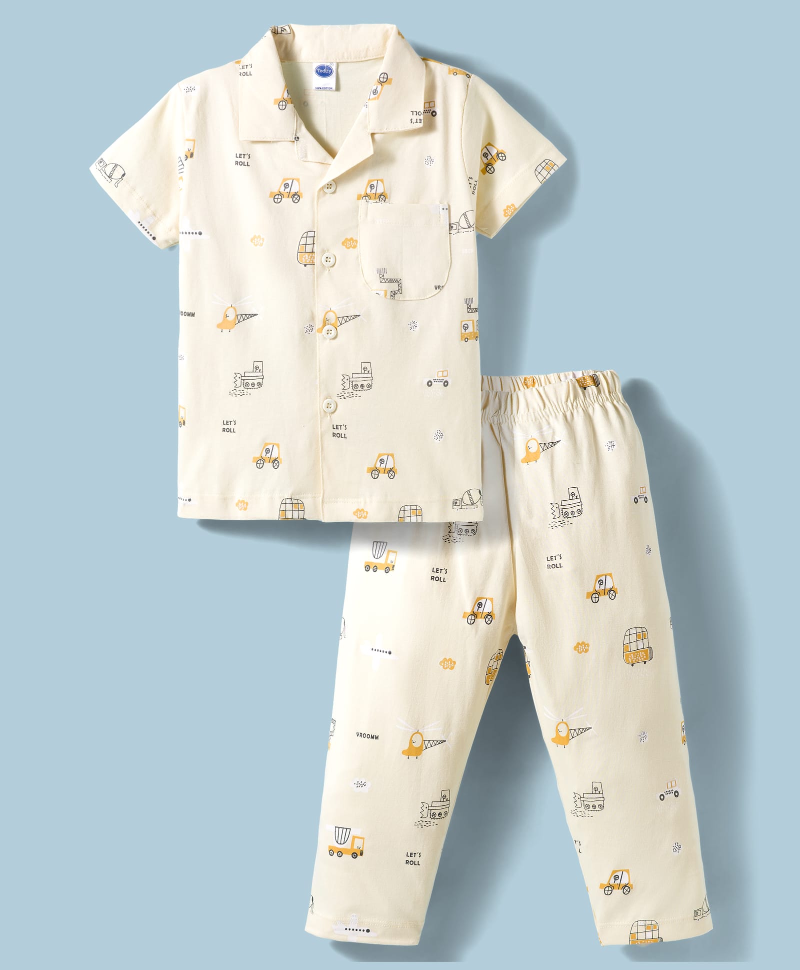 Teddy Sinker Knit Half Sleeves Co-ords Shirt & Pajama Night Suit with Vehicle Print - Lime Green-picture-49