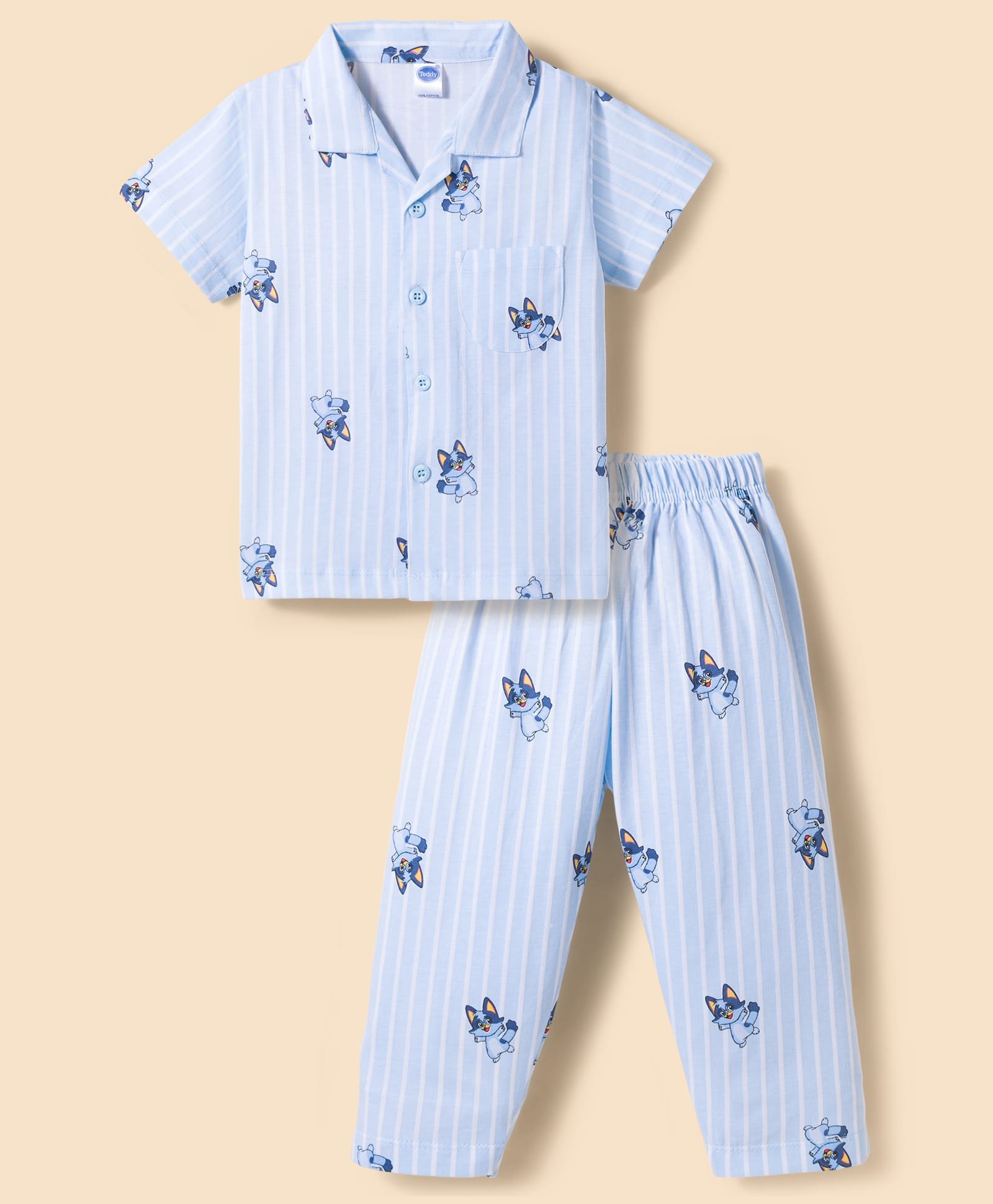 Teddy Sinker Knit Half Sleeves Shirt & Pyjama Co-ord Night Suit With Animal Print - Blue-picture-14