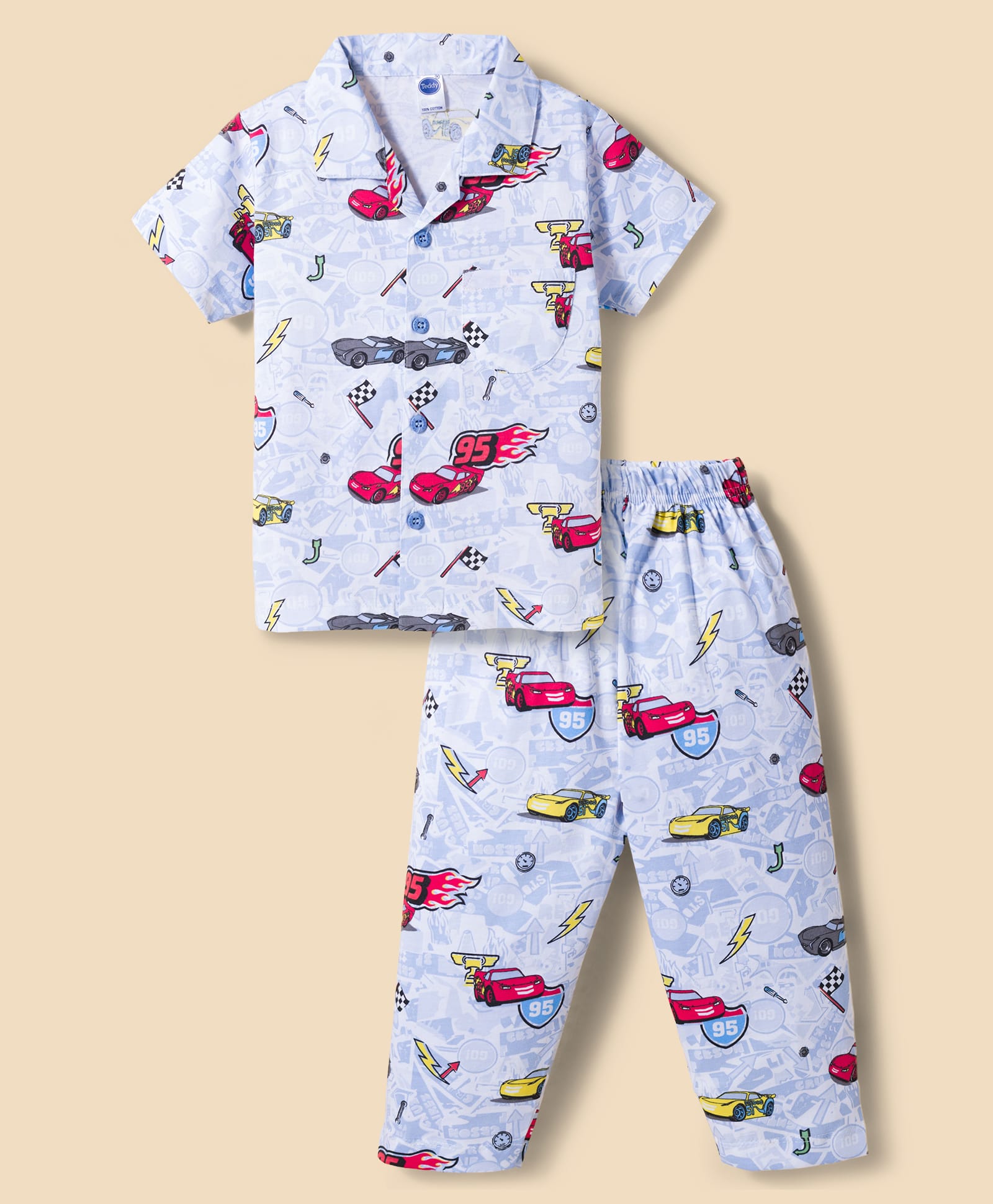 Teddy Sinker Knit Half Sleeves Shirt & Pyjama Co-ord Night Suit With Cars Print - Light Blue-picture-9