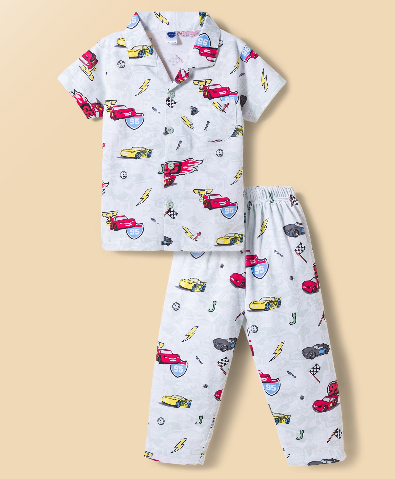 Teddy Sinker Knit Half Sleeves Shirt & Pyjama Co-ord Night Suit With Cars Print - Light Green-picture-44