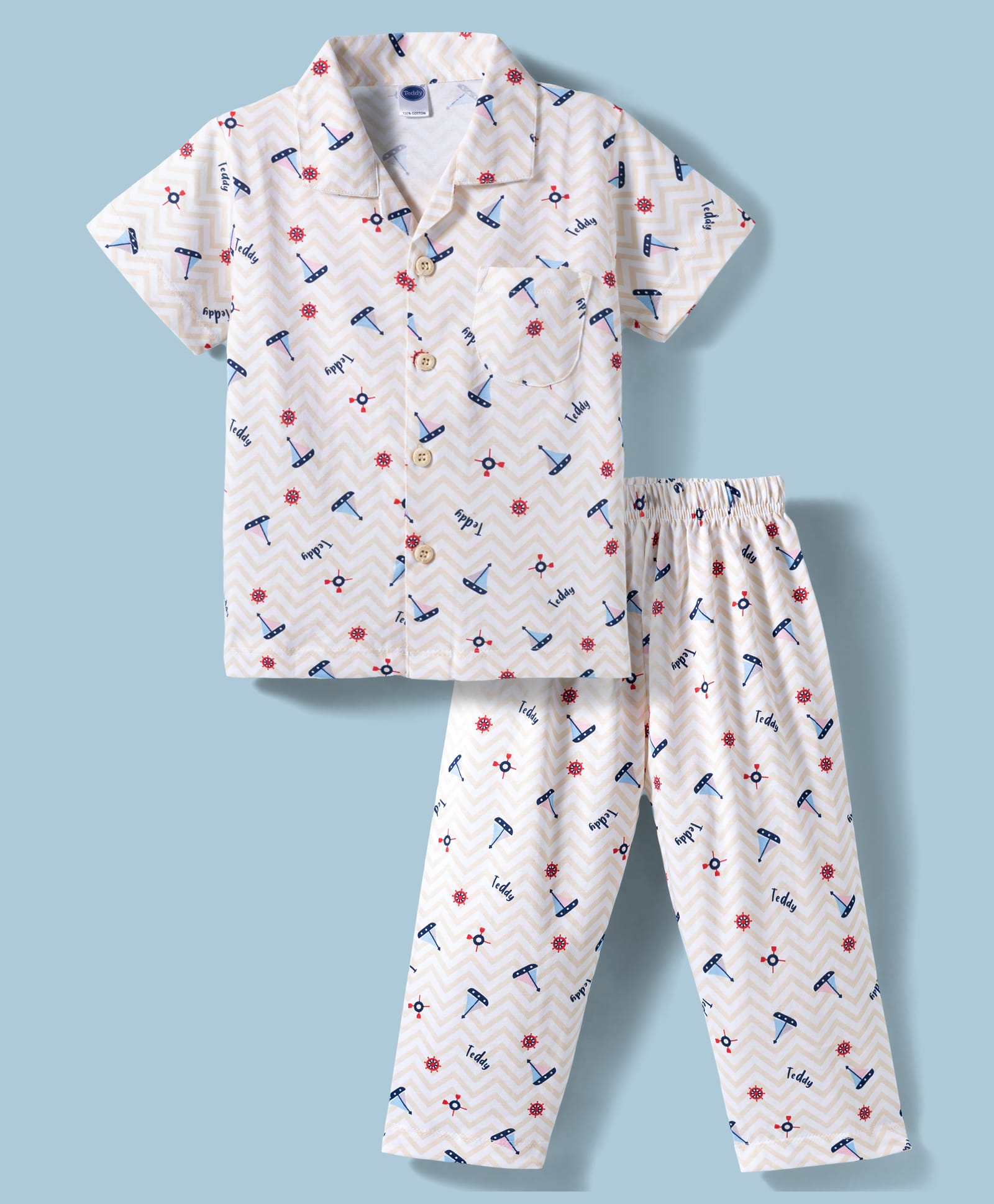 Teddy Sinker Knit Half Sleeves Co-ords Shirt & Pajama Night Suit with Ship Print - Beige-picture-31