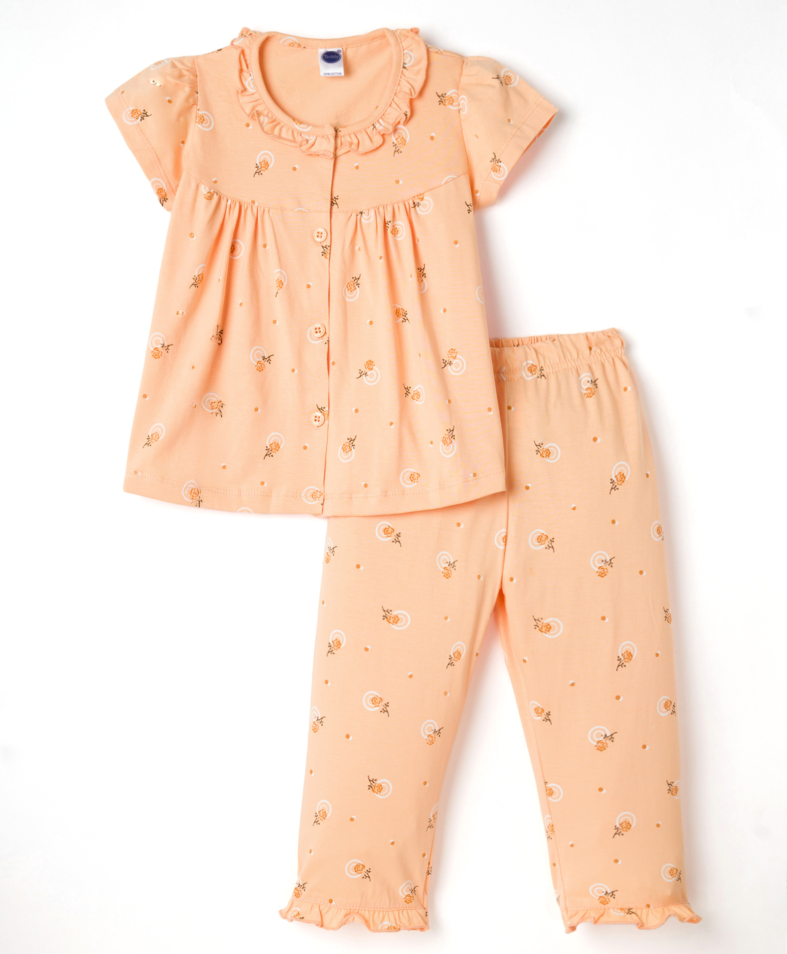 Teddy Sinker Knit Half Sleeves Top & Pyjama Co-ord Night Suit With Floral Print - Orange-picture-32