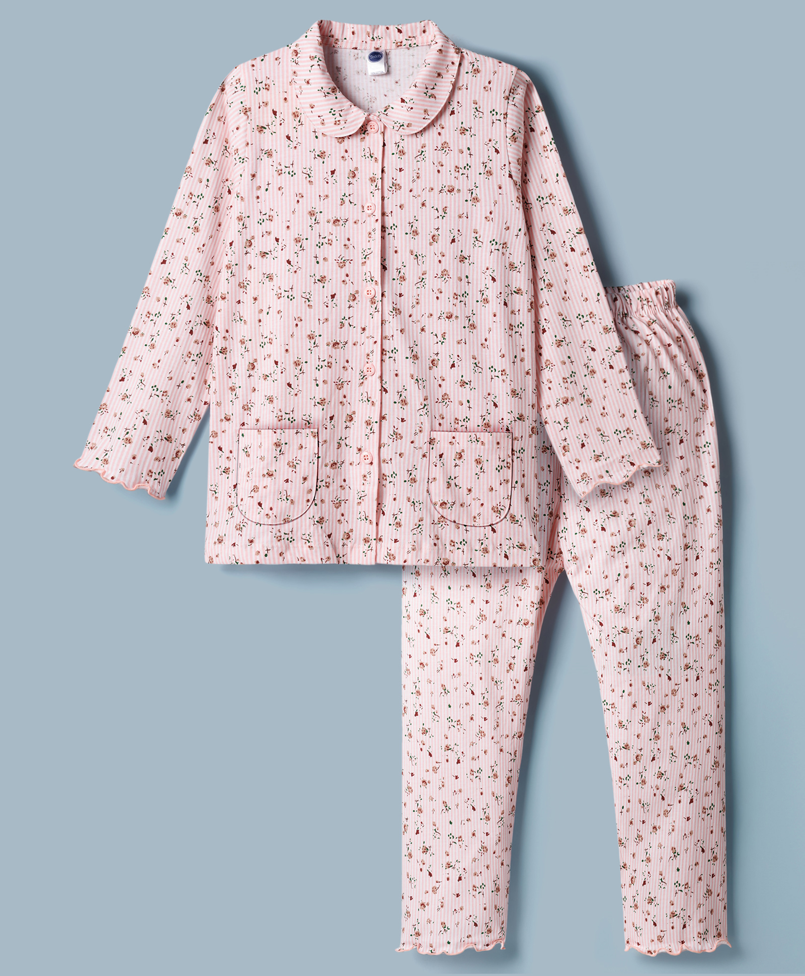 Teddy Sinker Knit Full Sleeves Shirt & Pyjama Co-ord Night Suit With Floral Print - Pink-picture-29