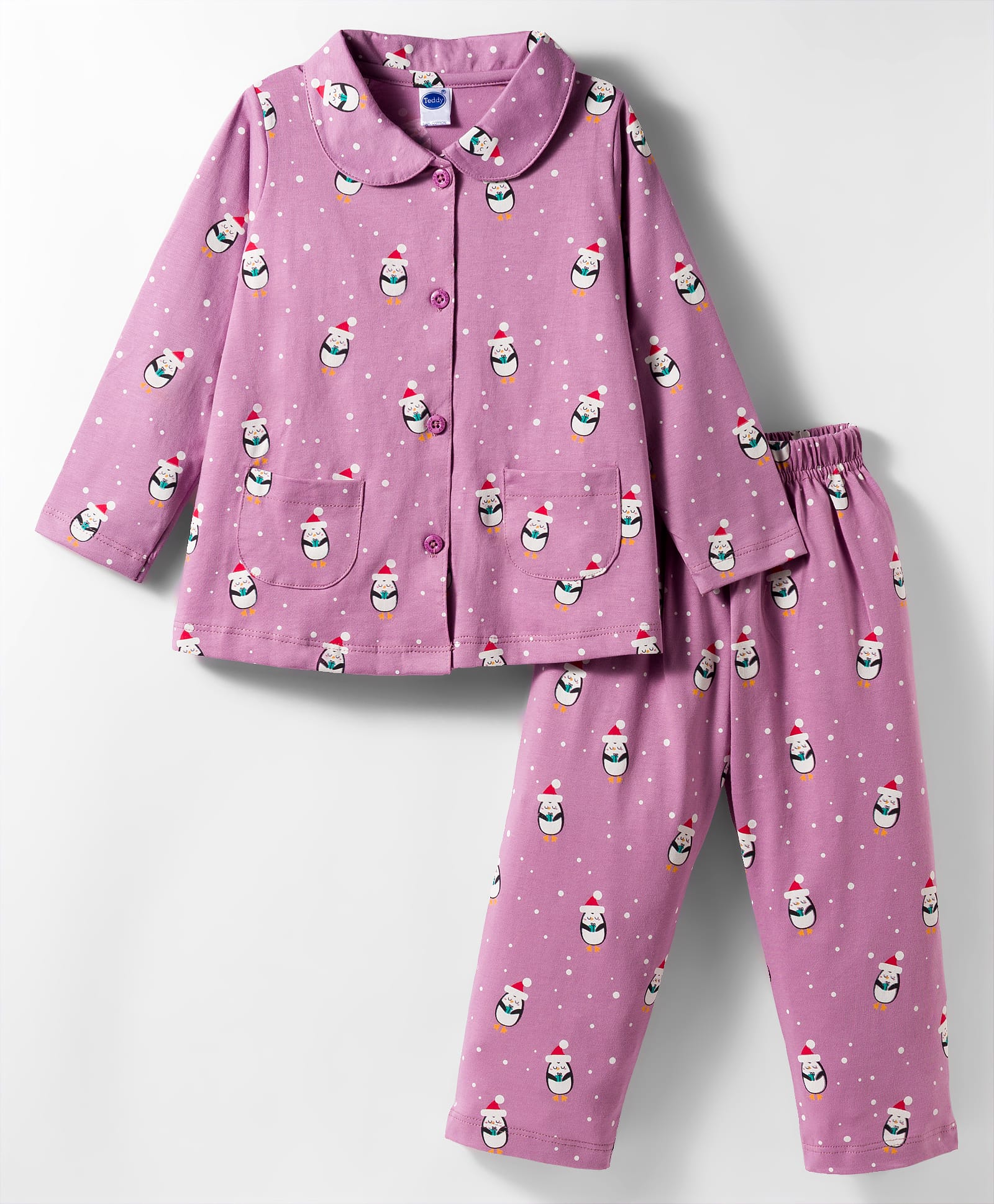 Teddy Sinker Knit Full Sleeves Shirt & Pyjama Co-ord Night Suit With Penguin Print - Pink-picture-40