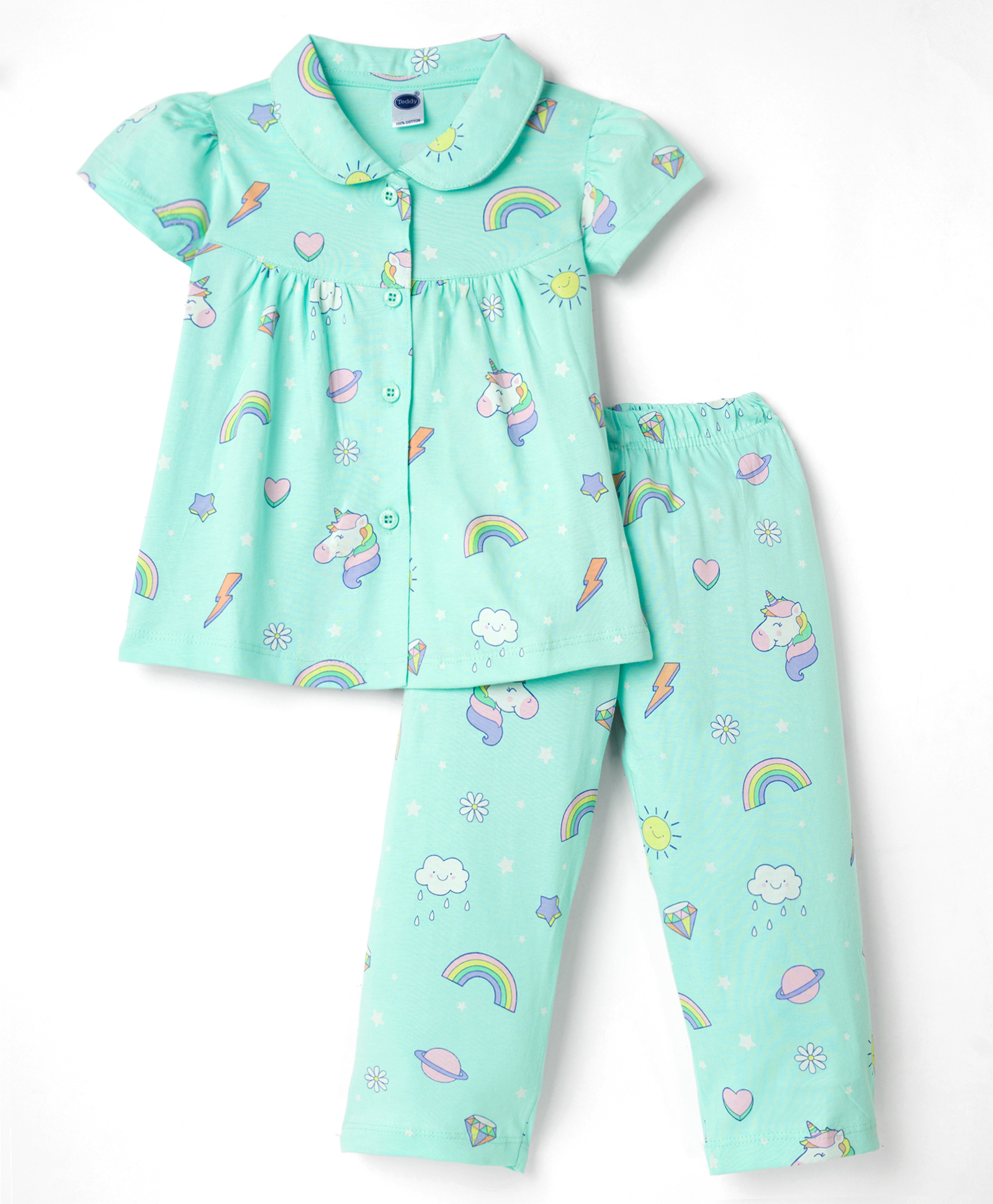 Teddy Sinker Knit Half Sleeves Top & Pyjama Co-ord Night Suit With Unicorn & Rainbow Print - Sea Green-picture-19