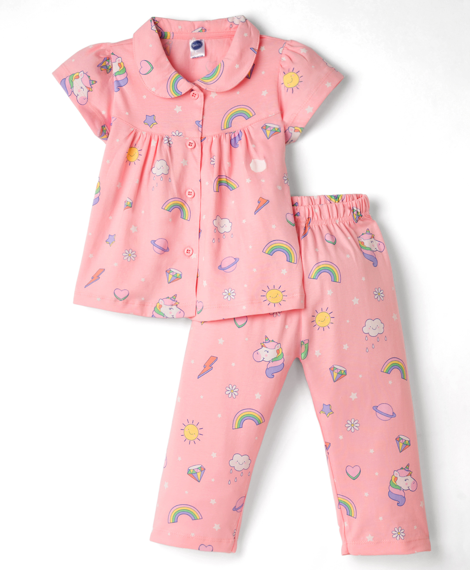 Teddy Sinker Knit Half Sleeves Top & Pyjama Co-ord Night Suit With Unicorn & Rainbow Print - Pink-image-24
