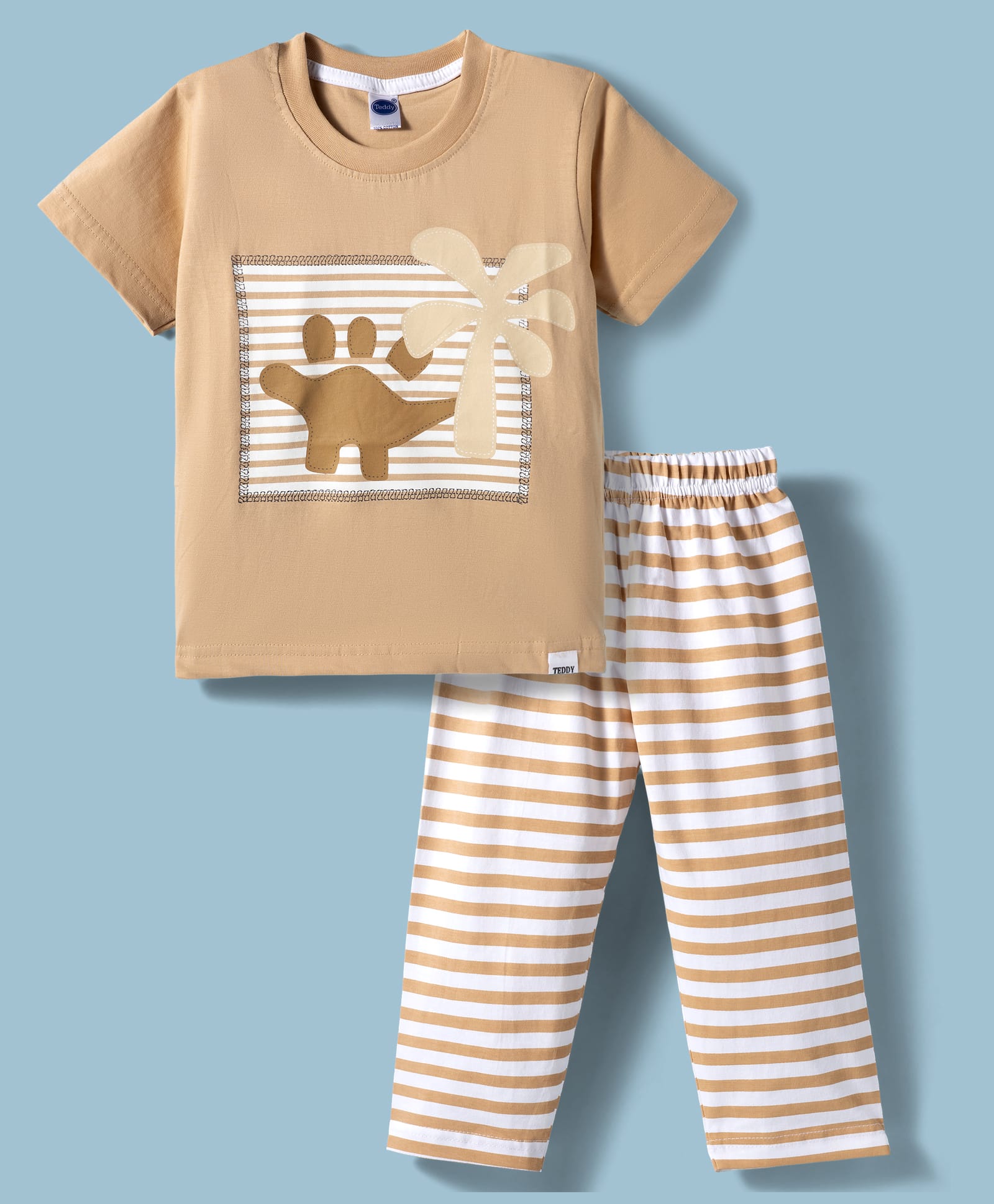 Teddy Sinker Knit Half Sleeves T-Shirt & Pajama Night Suit with Dino Print & Stripes - Brown-image-13