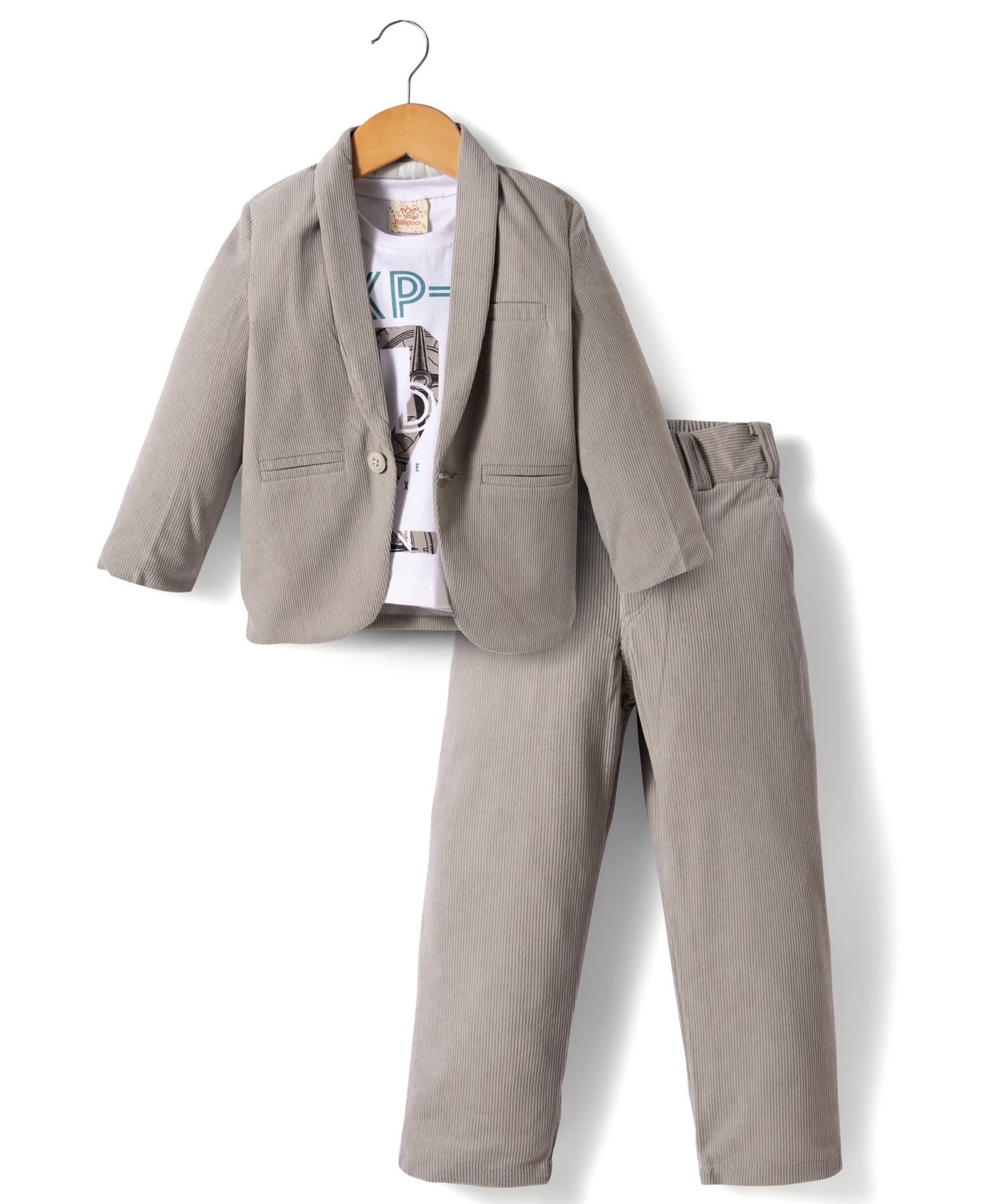 Rikidoos Cotton Woven Full Sleeves Solid Color Party Blazer with T-Shirt & Trouser Set - Grey-picture-10