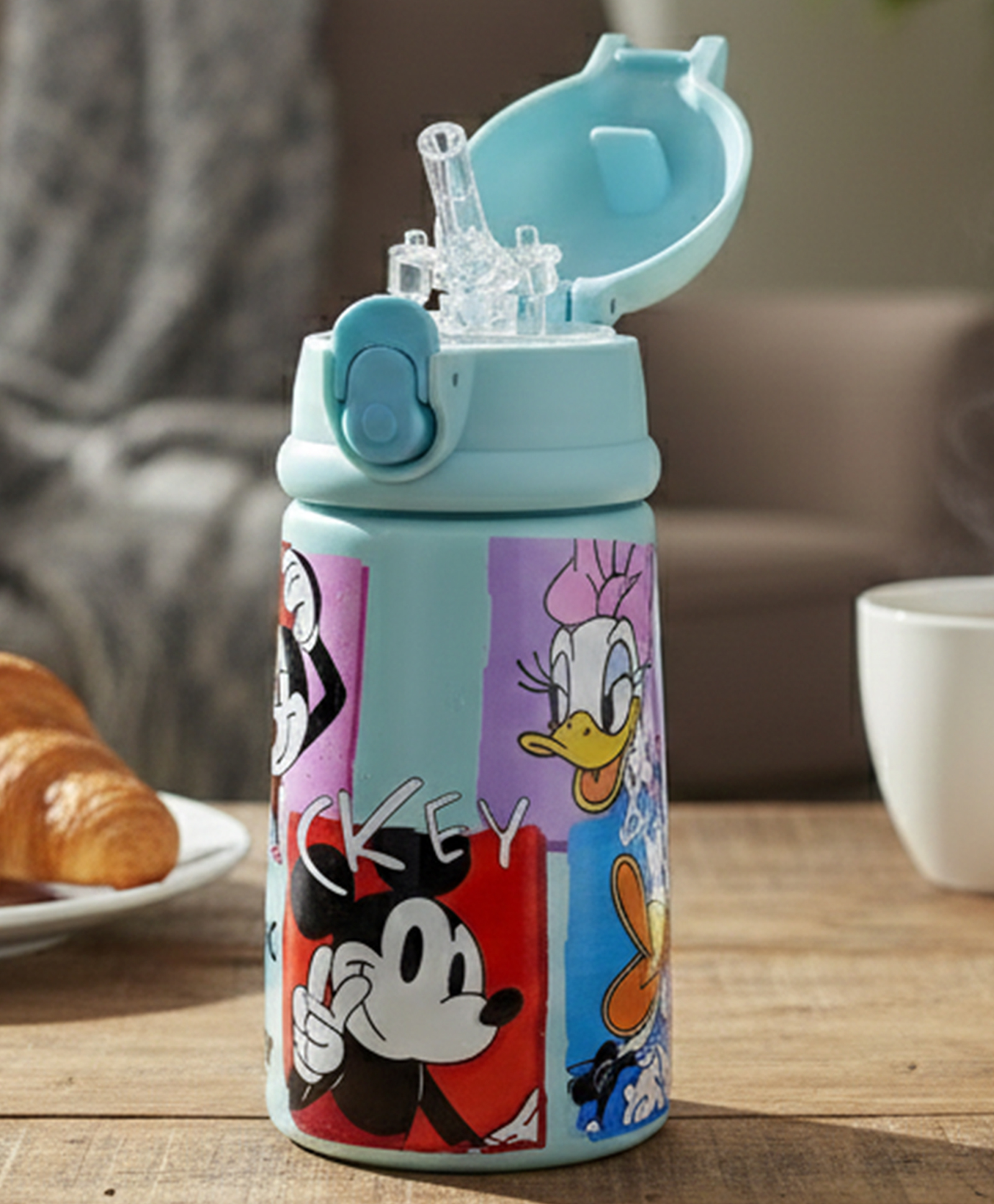 Disney by Gluman Starlight Stainless Steel Water Bottle One-Press Leak-Proof Straw, Vacuum-Insulated With Mickey Print 300 ml - Blue-image-41